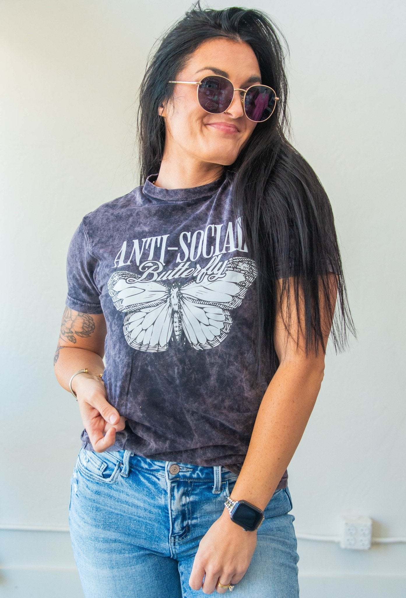 Anti - Social Butterfly Mineral Wash Graphic Tee - Southern Chic Tees & Boutique
