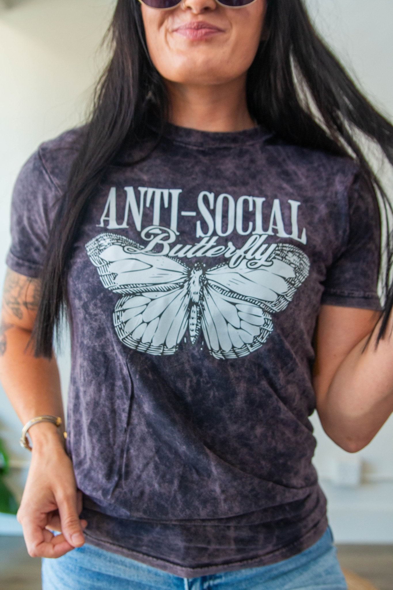 Anti - Social Butterfly Mineral Wash Graphic Tee - Southern Chic Tees & Boutique