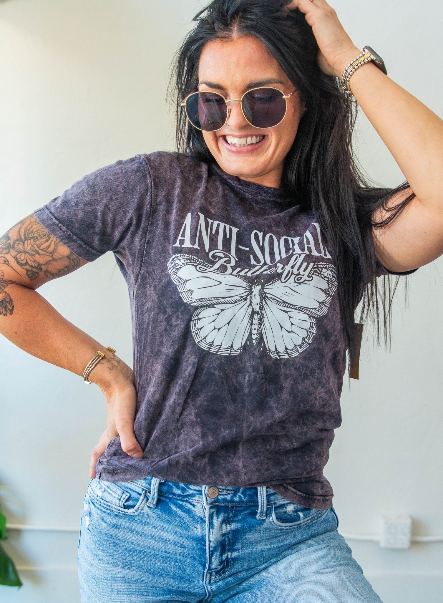 Anti - Social Butterfly Mineral Wash Graphic Tee - Southern Chic Tees & Boutique