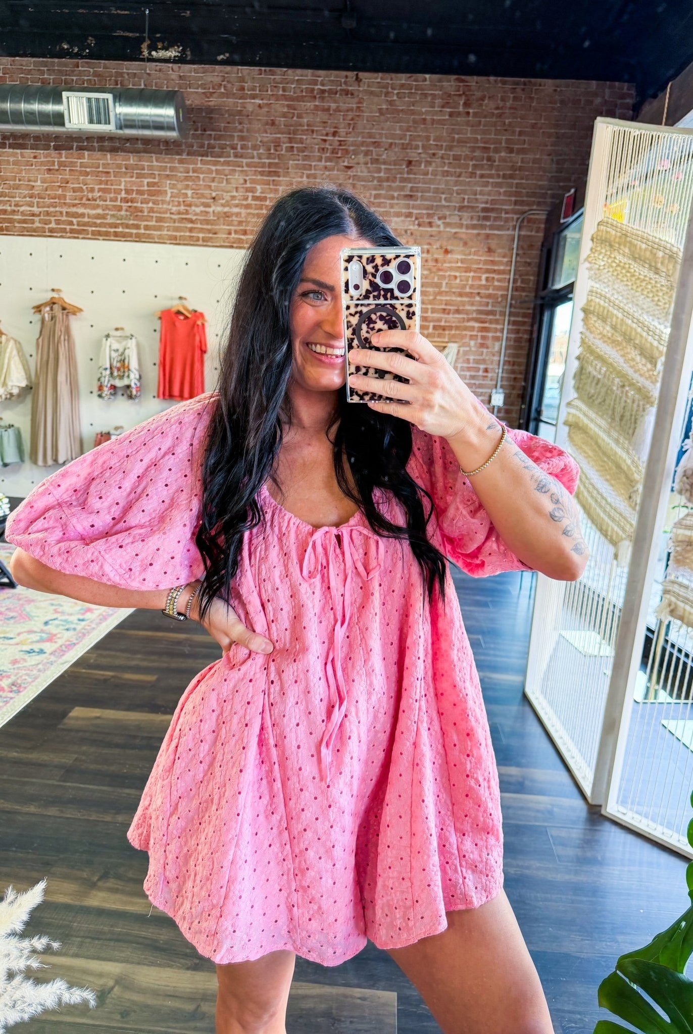 Aura Eyelet Babydoll Romper | Flowy Puff Sleeve Summer Romper | Rose Pink - Southern Chic Tees & Boutique