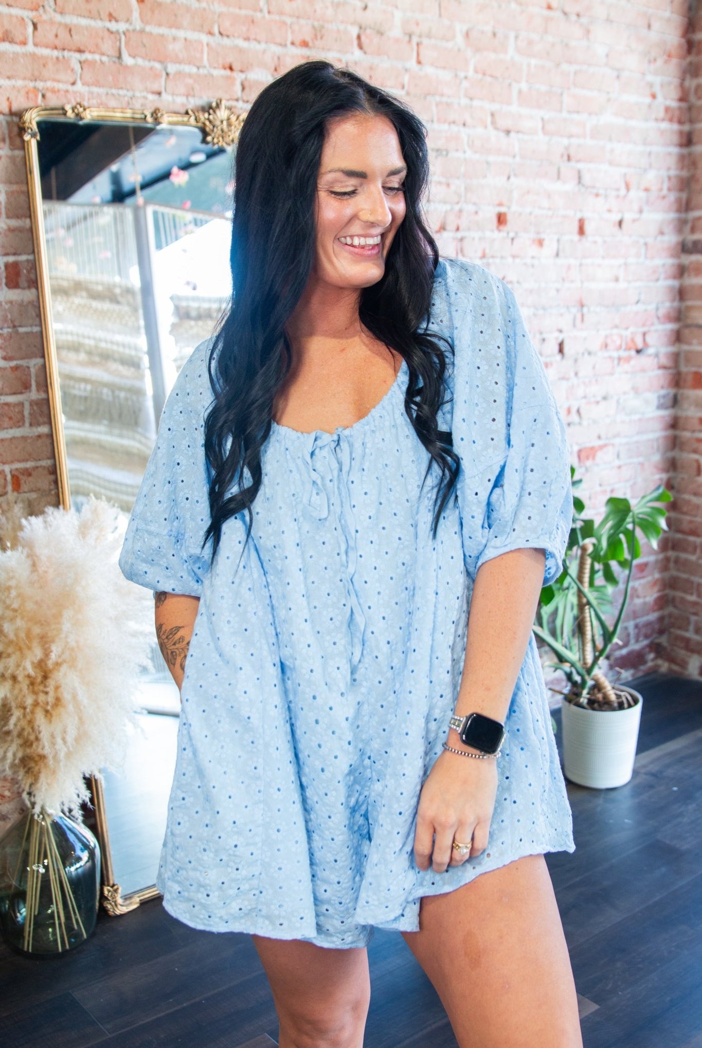 Aura Eyelet Babydoll Romper | Flowy Puff Sleeve Summer Romper | Sky Blue - Southern Chic Tees & Boutique
