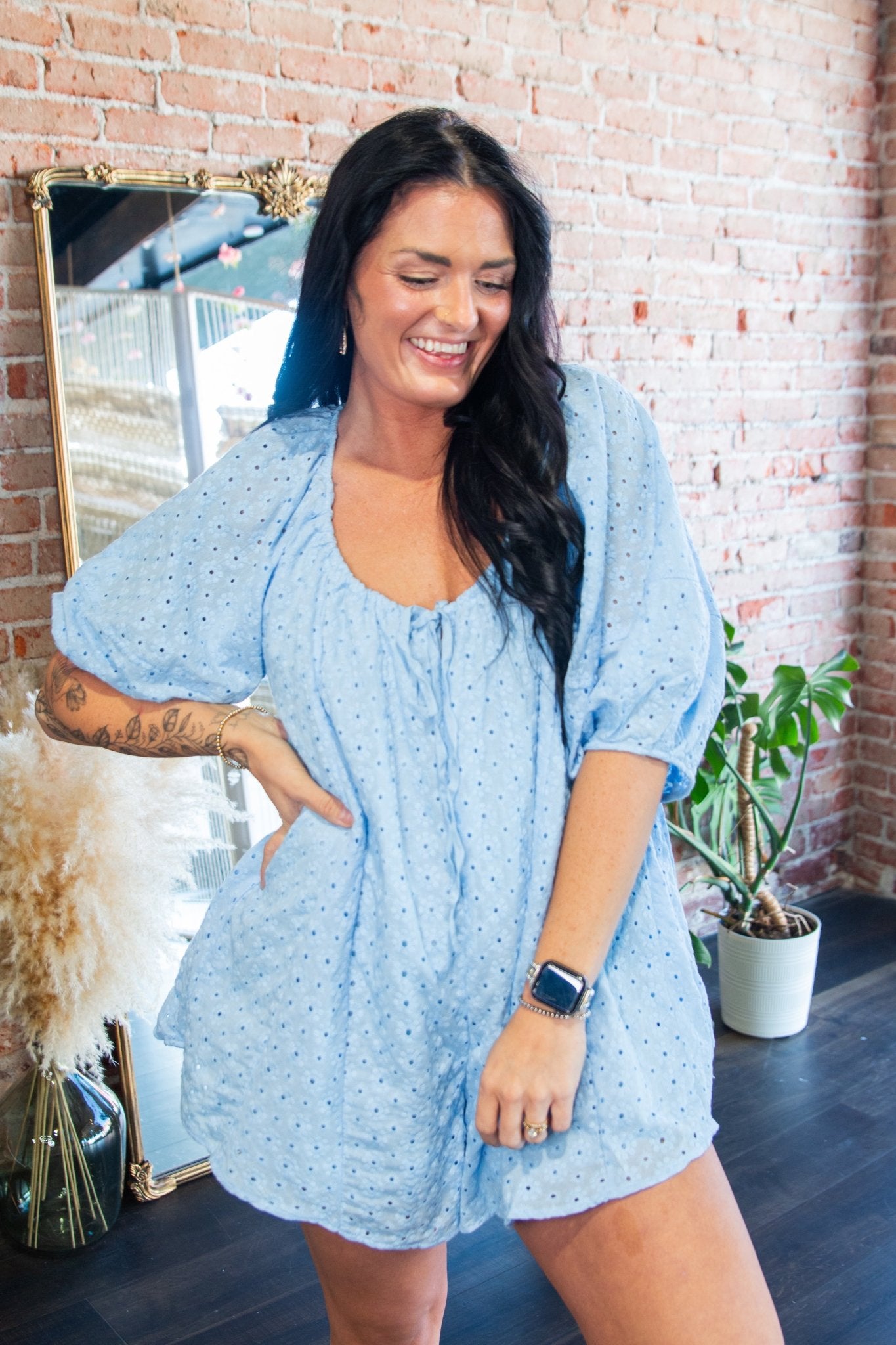 Aura Eyelet Babydoll Romper | Flowy Puff Sleeve Summer Romper | Sky Blue - Southern Chic Tees & Boutique