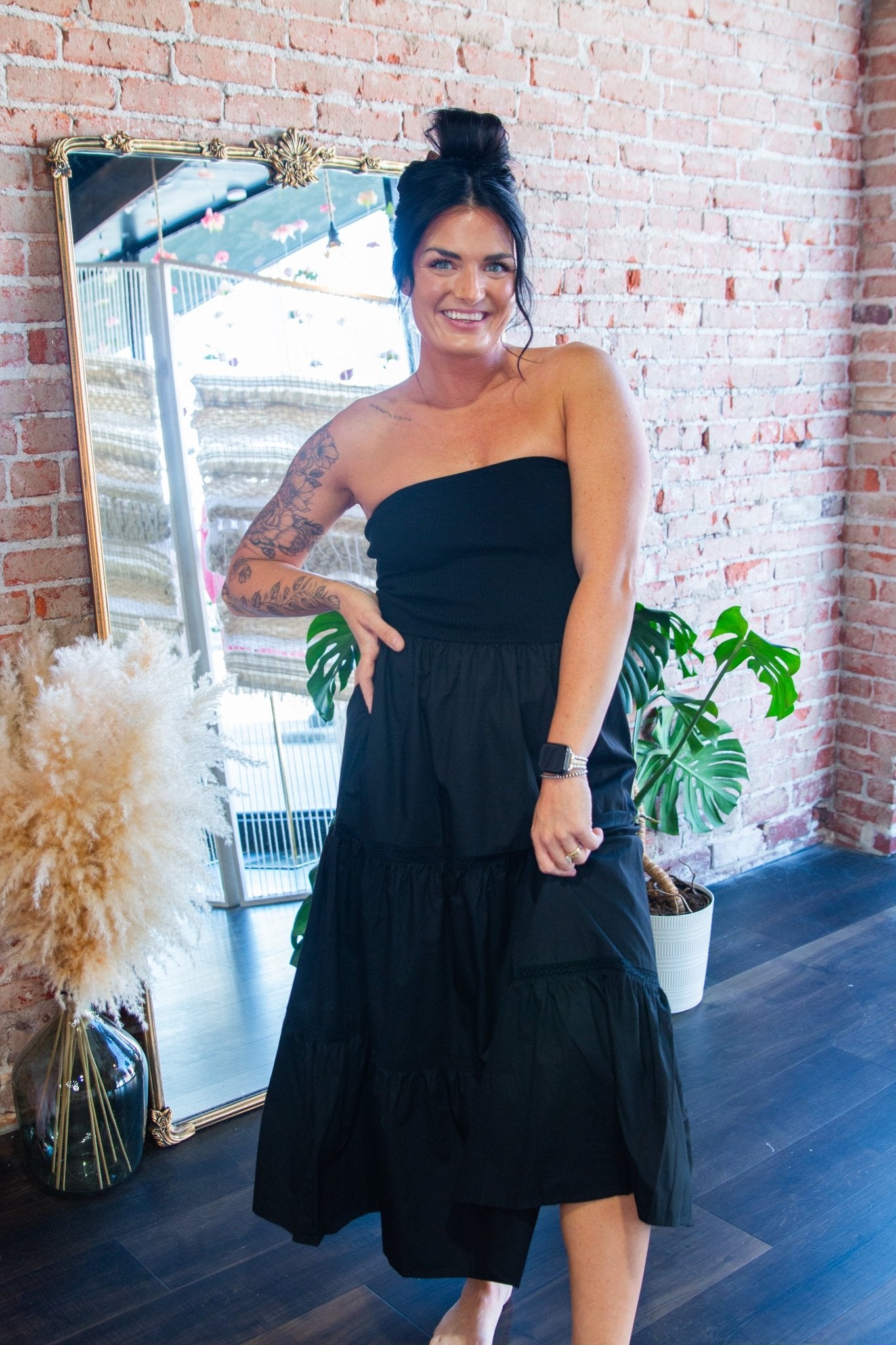 Black Strapless Mixed Media Tiered Lace Midi Dress - Southern Chic Tees & Boutique