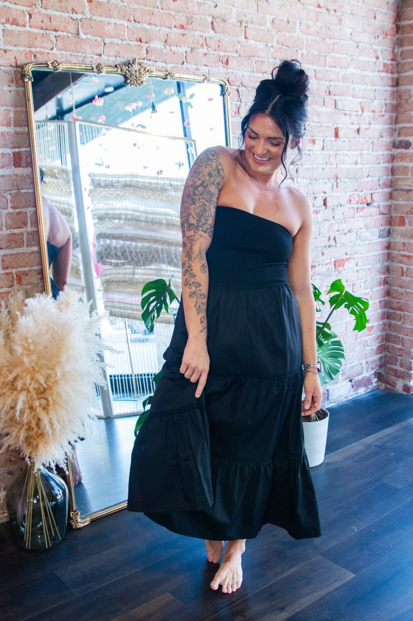 Black Strapless Mixed Media Tiered Lace Midi Dress - Southern Chic Tees & Boutique