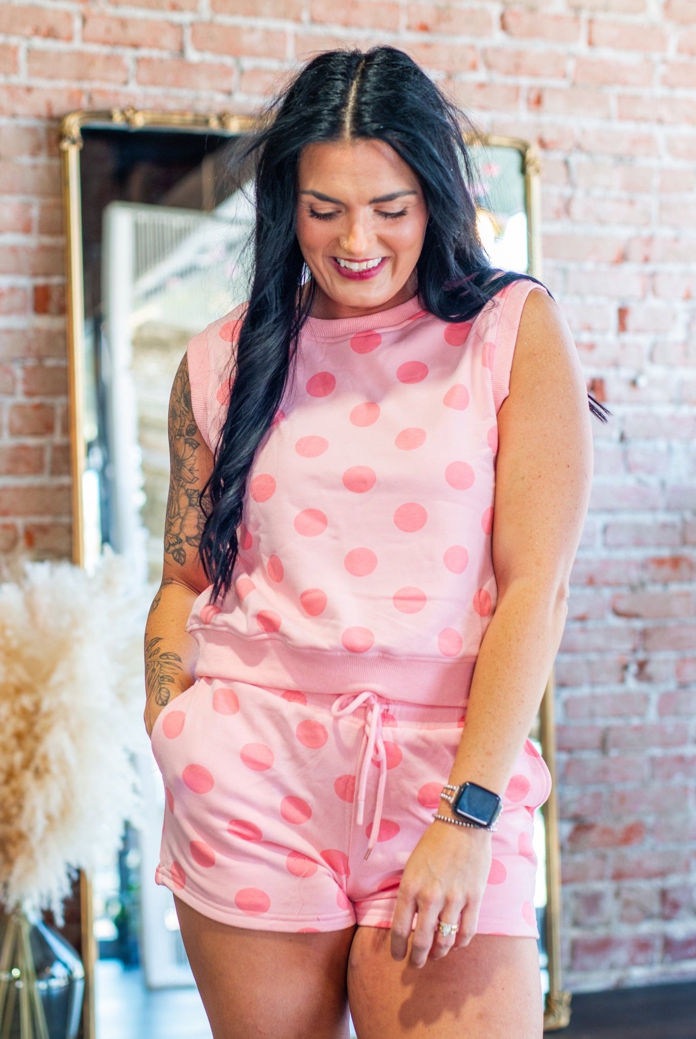 Blush Pink Polka Dot Lounge Set | Muscle Tank & Drawstring Shorts Duo - Southern Chic Tees & Boutique