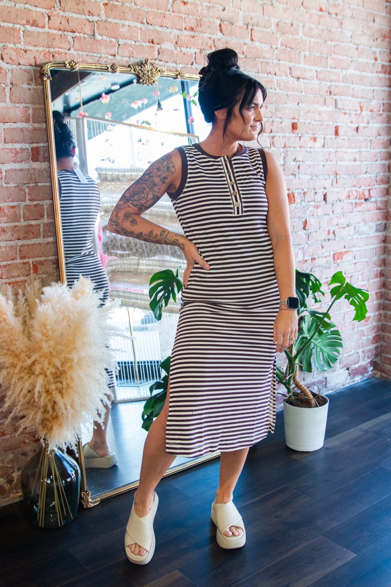 Brown Stripe Henley Midi Dress - Southern Chic Tees & Boutique