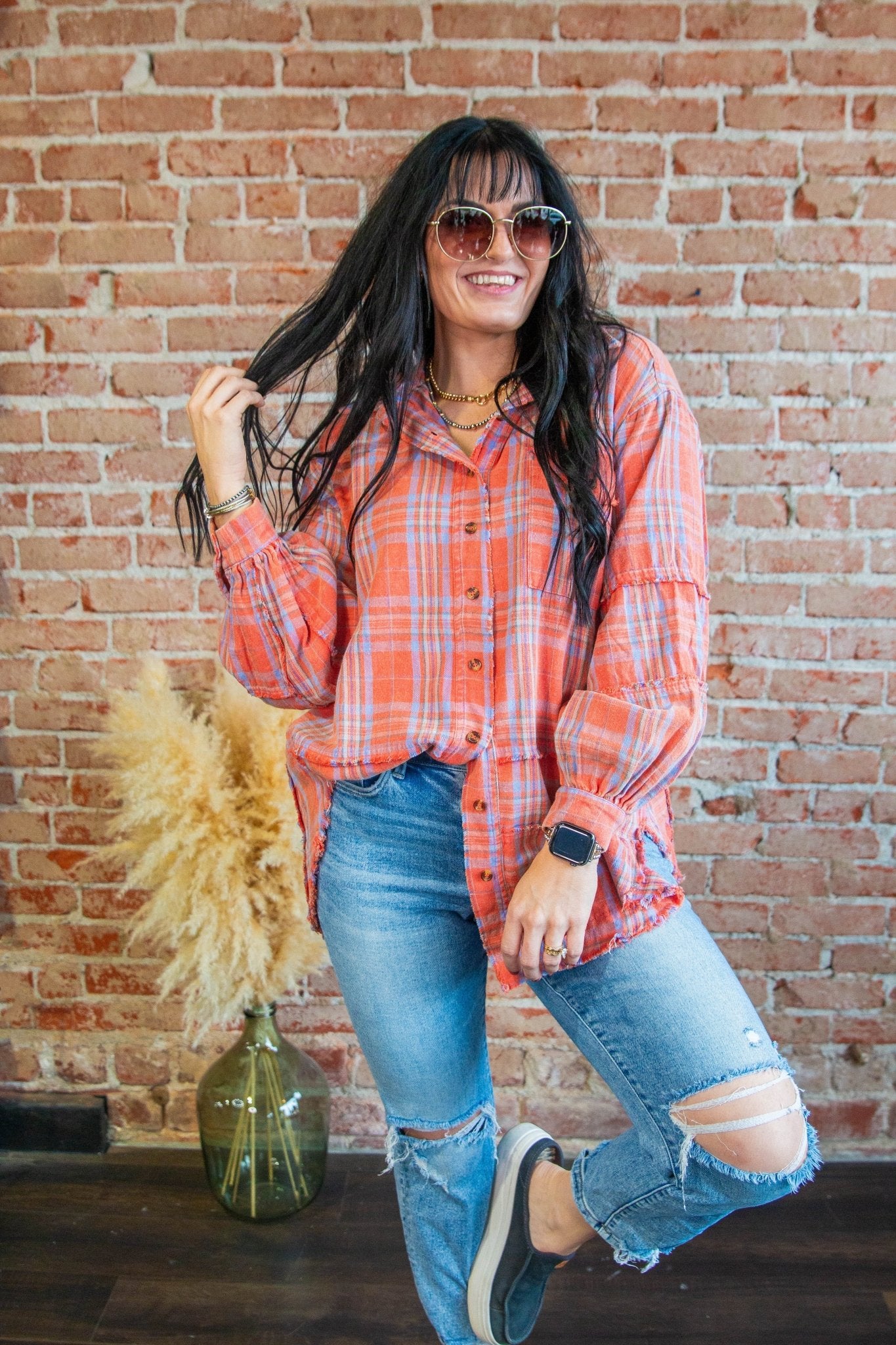 Coral Mineral Wash Plaid Flannel - Southern Chic Tees & Boutique