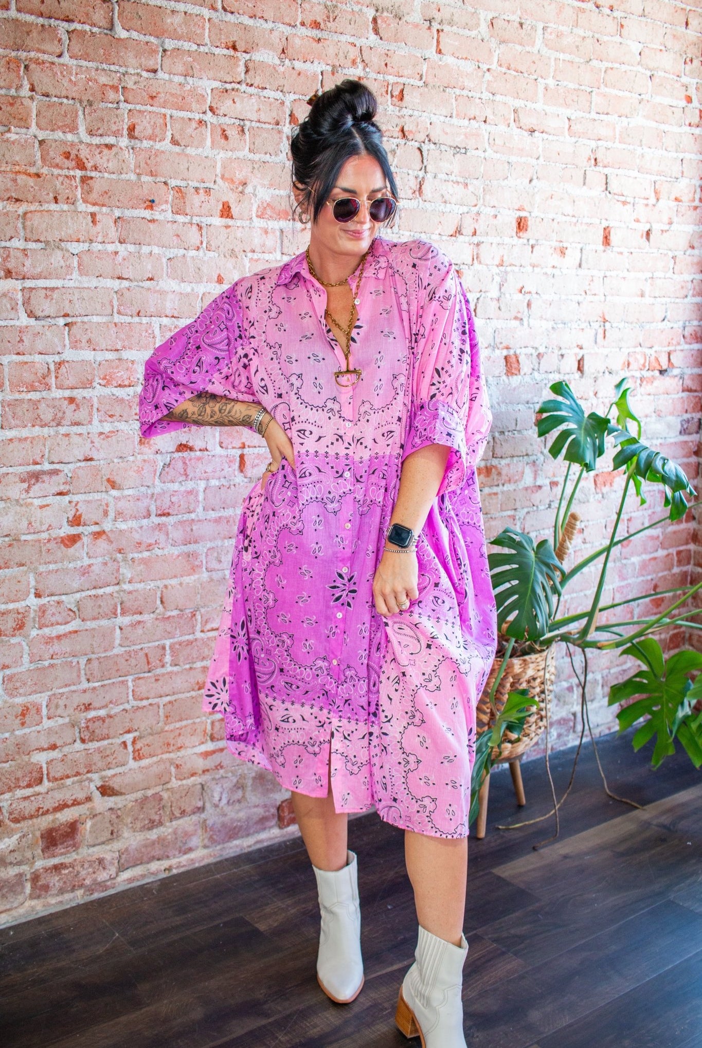 Electric Pink Ombre Bandana Flowy Shirtdress - Southern Chic Tees & Boutique
