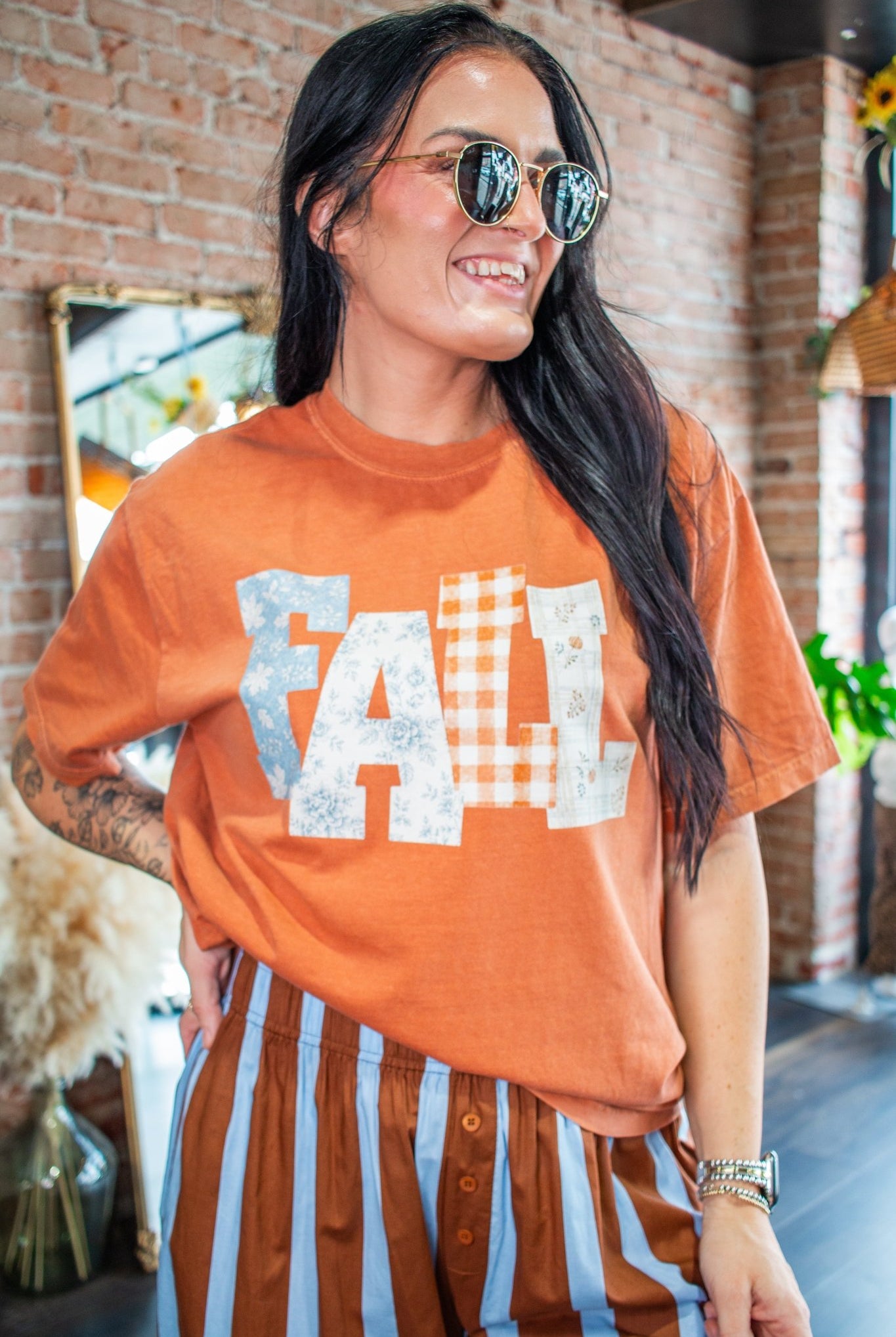 Fall Patchwork Graphic Tee - Cozy Burnt Orange - Southern Chic Tees & Boutique