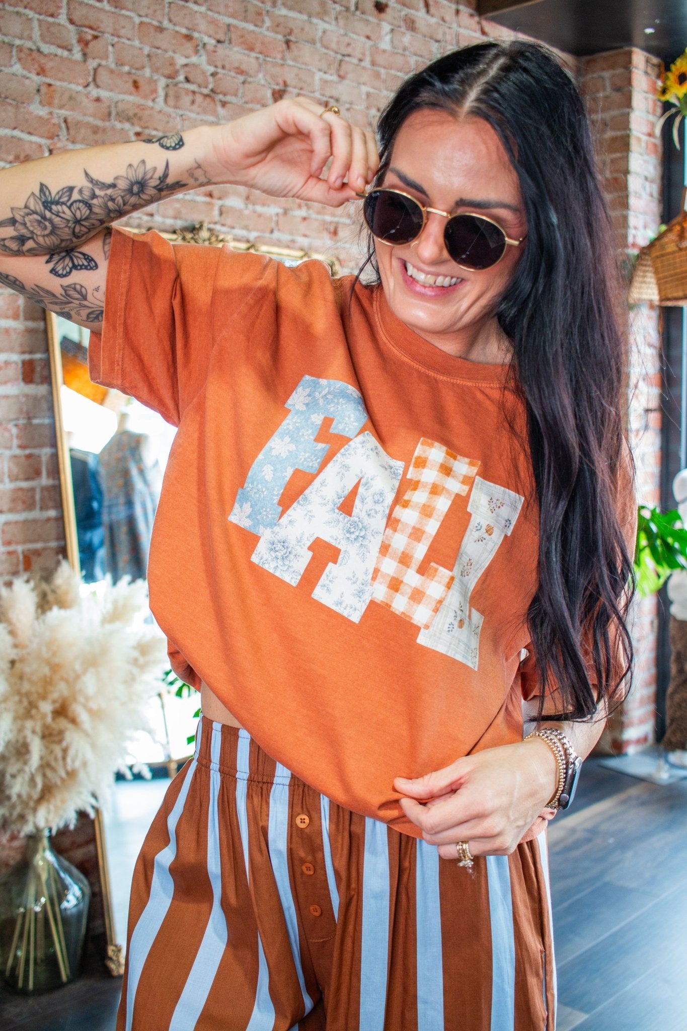 Fall Patchwork Graphic Tee - Cozy Burnt Orange - Southern Chic Tees & Boutique