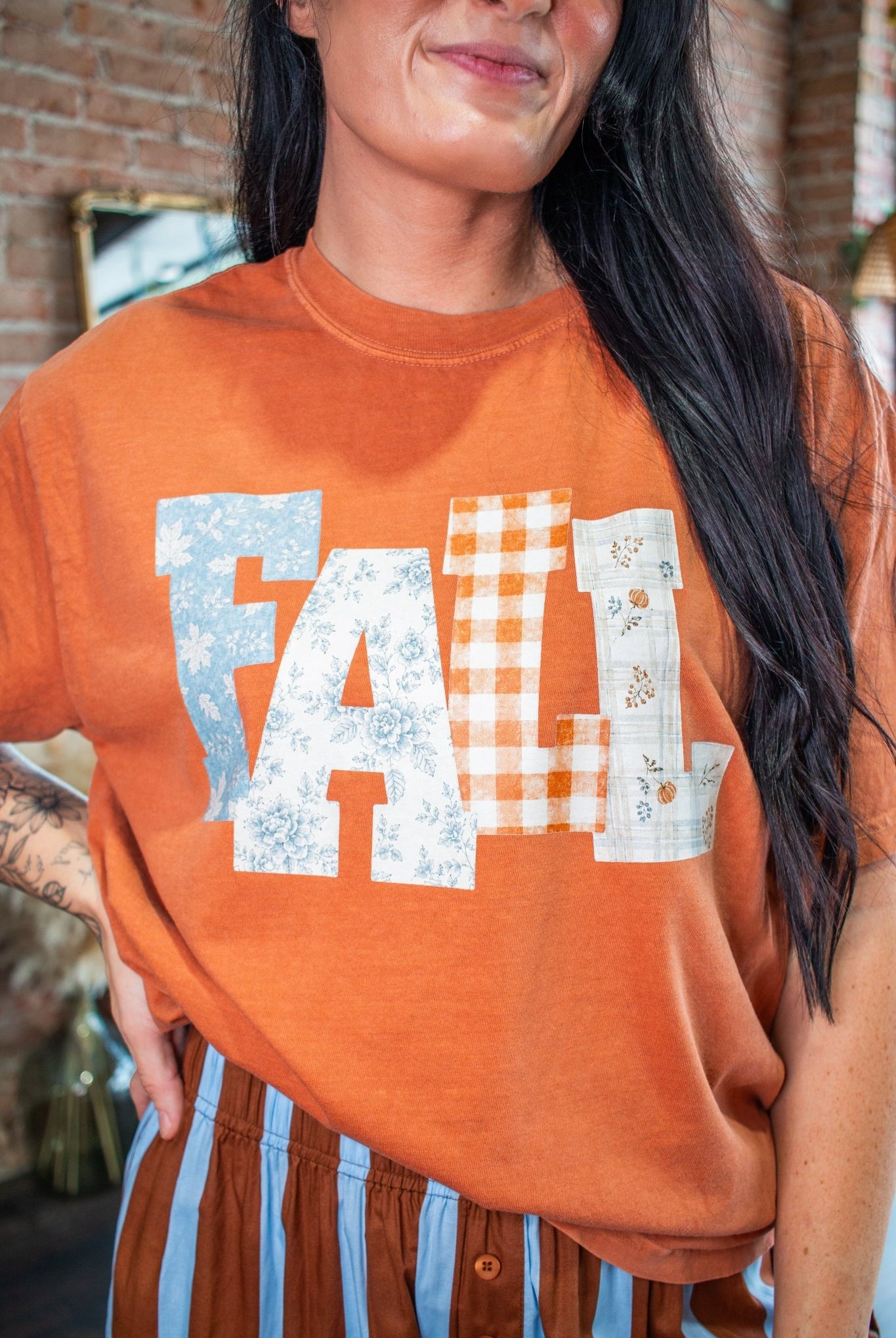 Fall Patchwork Graphic Tee - Cozy Burnt Orange - Southern Chic Tees & Boutique