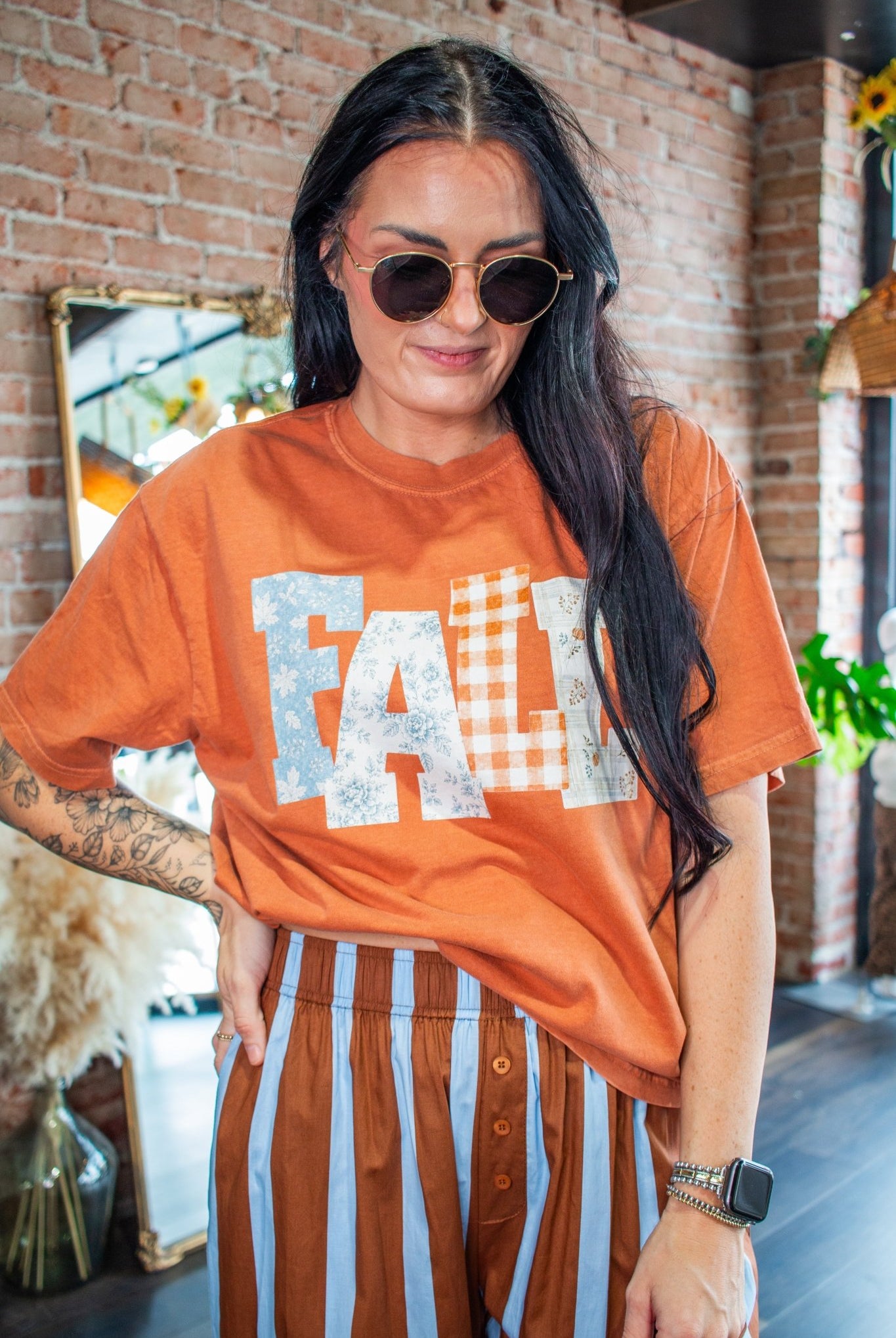 Fall Patchwork Graphic Tee - Cozy Burnt Orange - Southern Chic Tees & Boutique