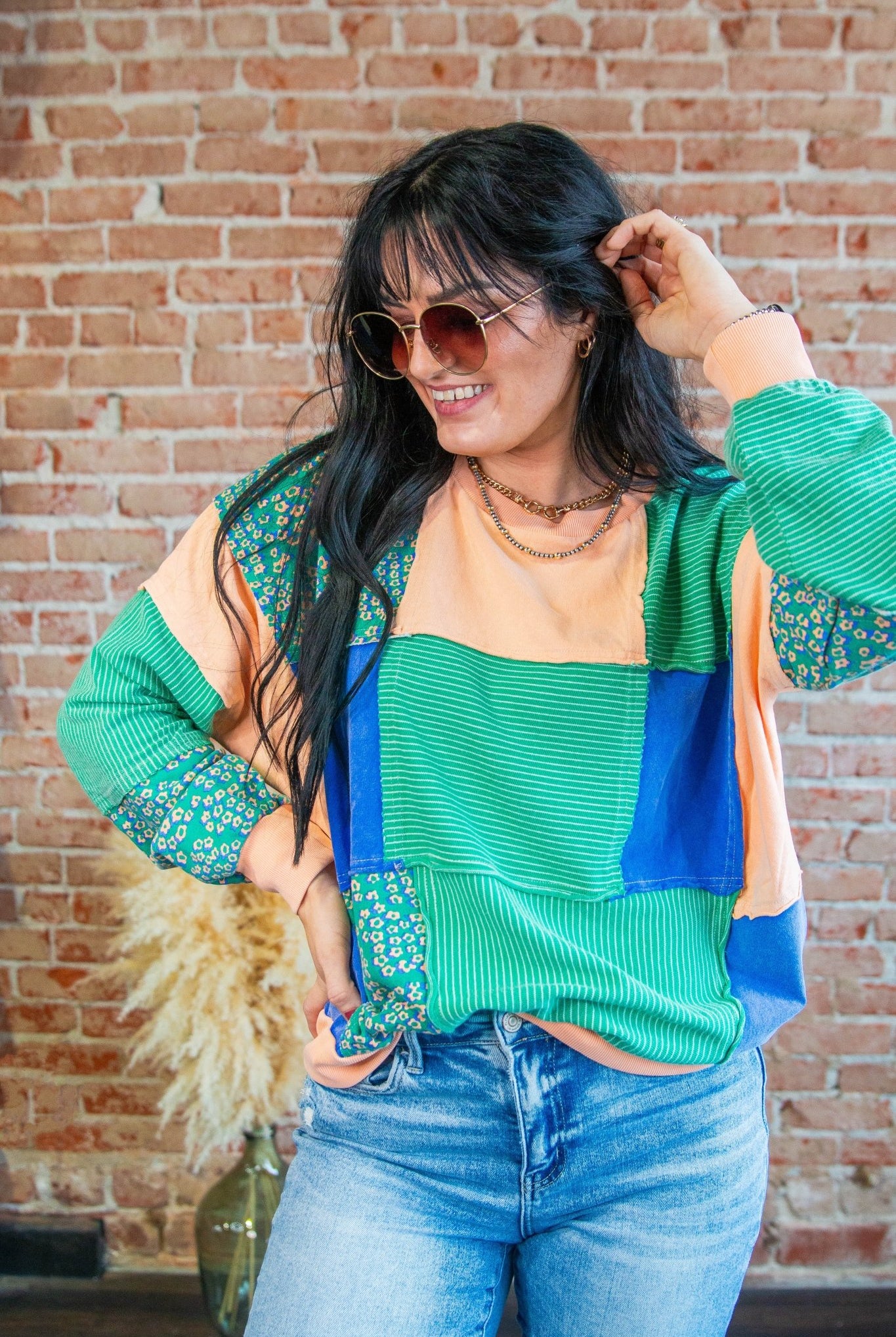 Garden Green Stripe Flower Color Block Sweatshirt - Southern Chic Tees & Boutique