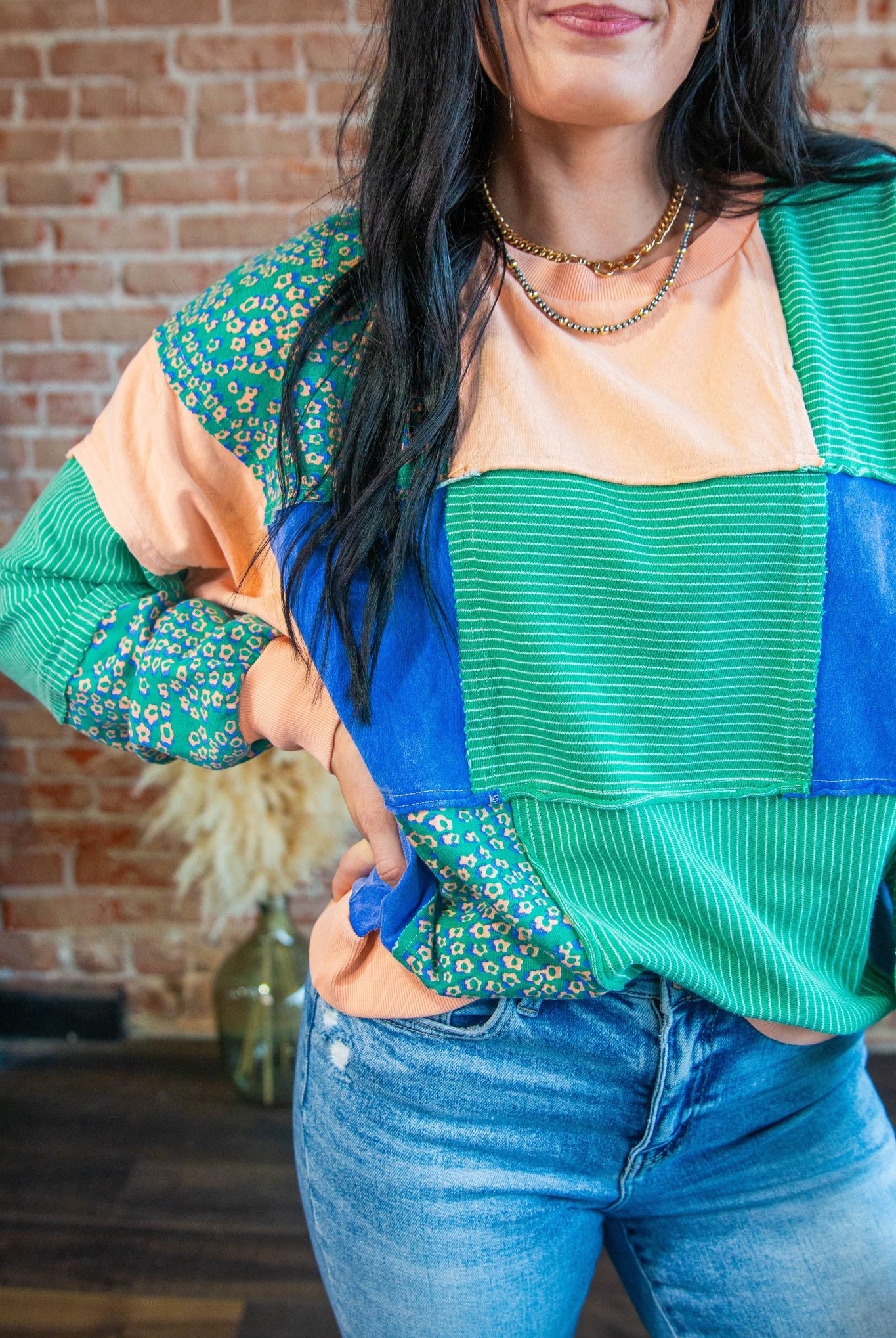Garden Green Stripe Flower Color Block Sweatshirt - Southern Chic Tees & Boutique