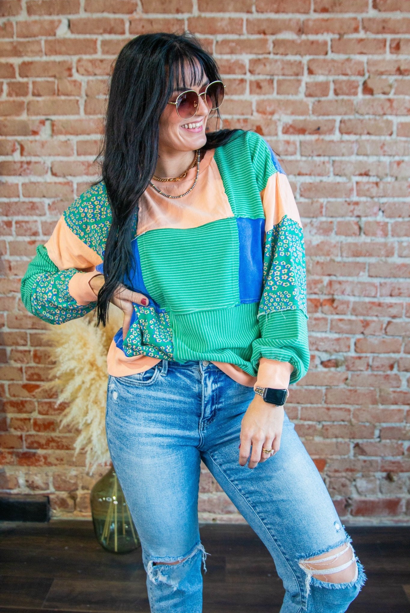 Garden Green Stripe Flower Color Block Sweatshirt - Southern Chic Tees & Boutique