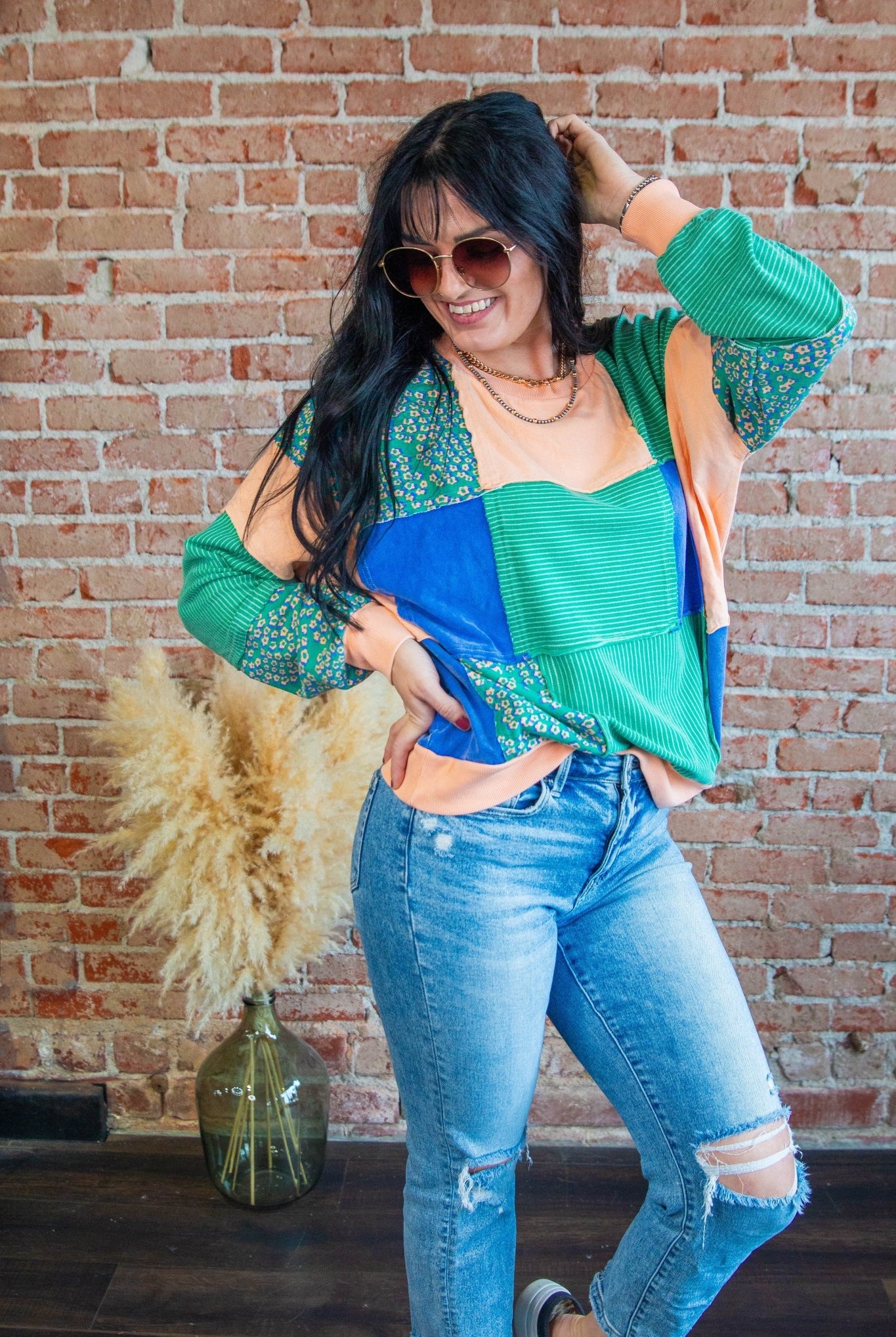 Garden Green Stripe Flower Color Block Sweatshirt - Southern Chic Tees & Boutique