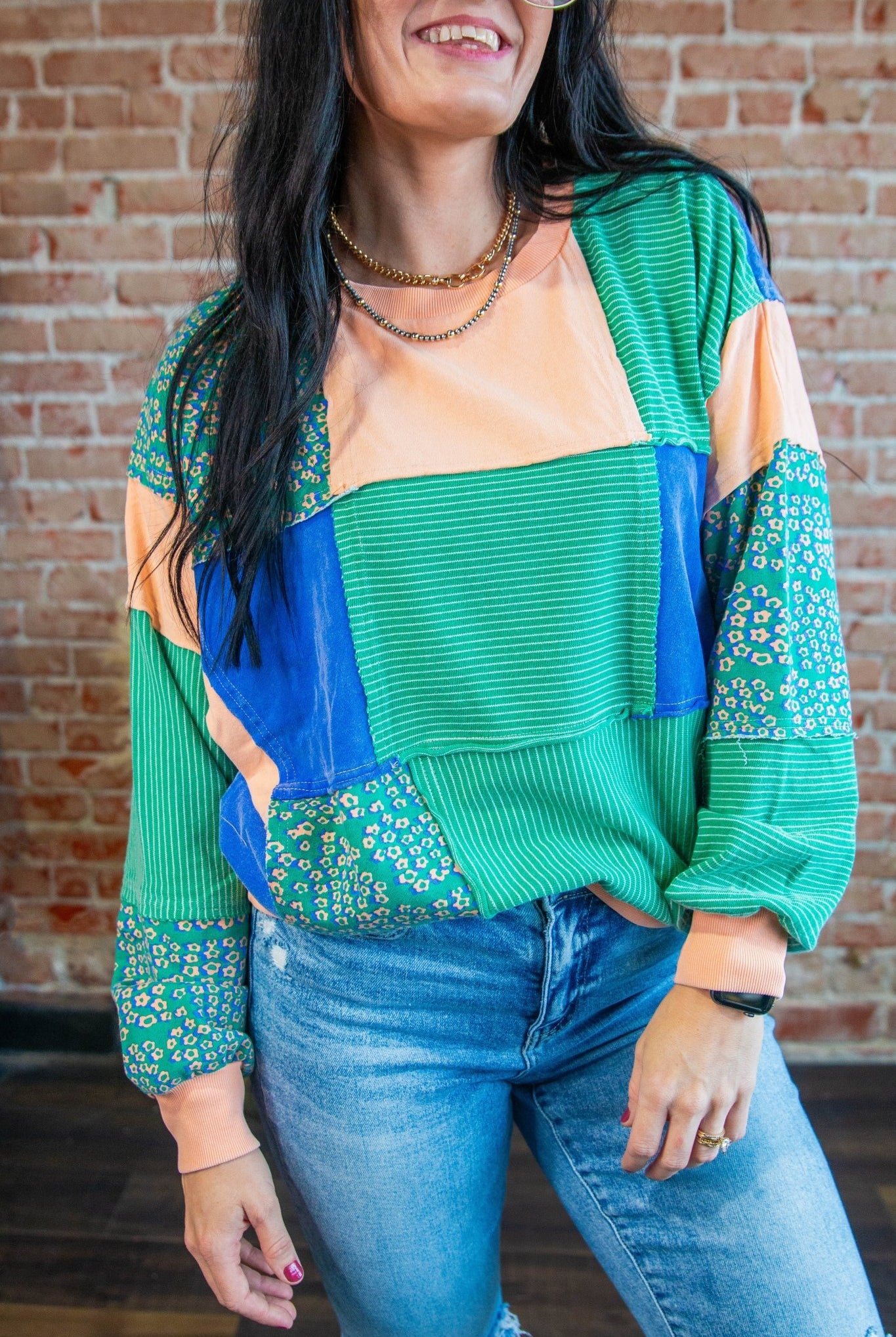 Garden Green Stripe Flower Color Block Sweatshirt - Southern Chic Tees & Boutique