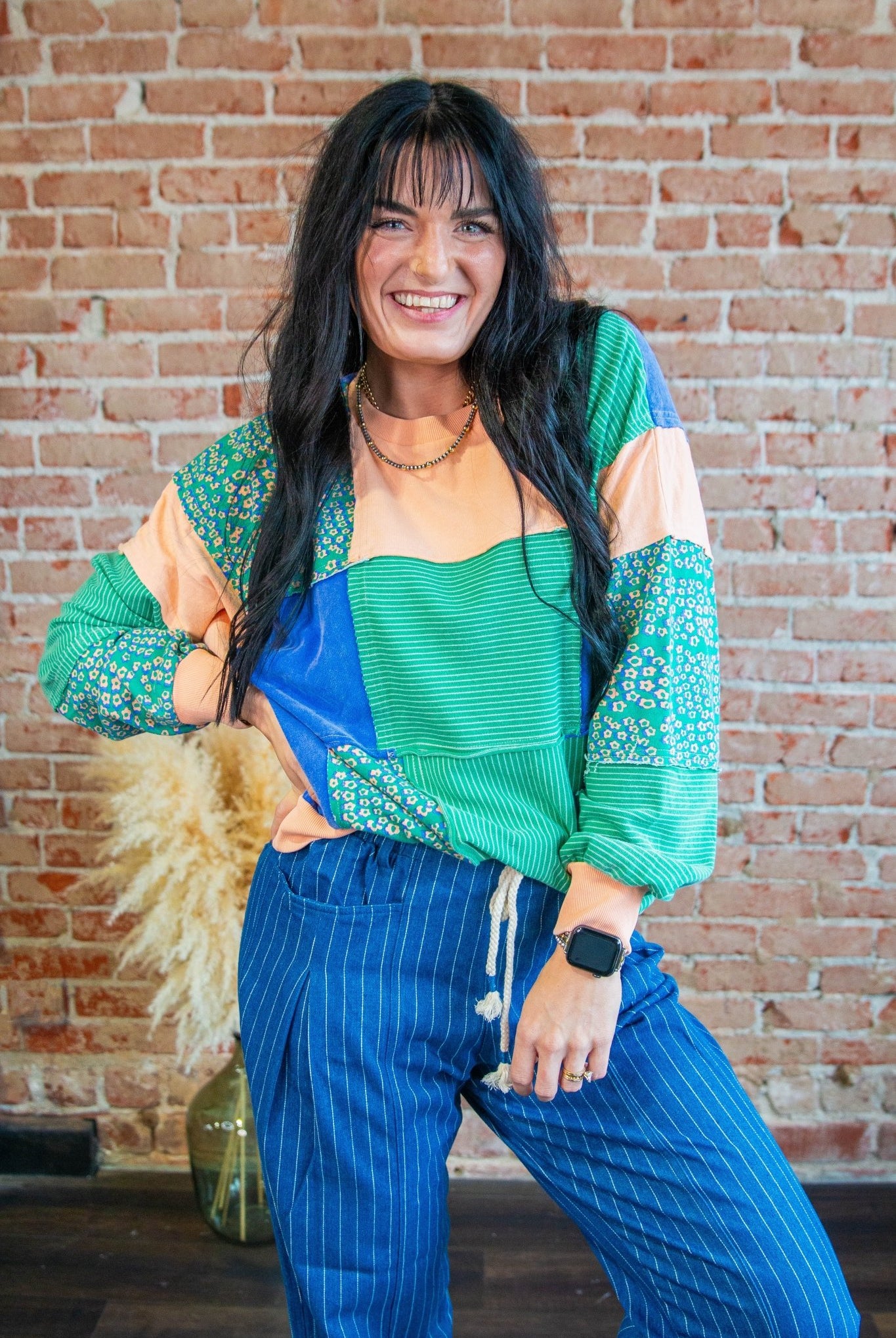 Garden Green Stripe Flower Color Block Sweatshirt - Southern Chic Tees & Boutique