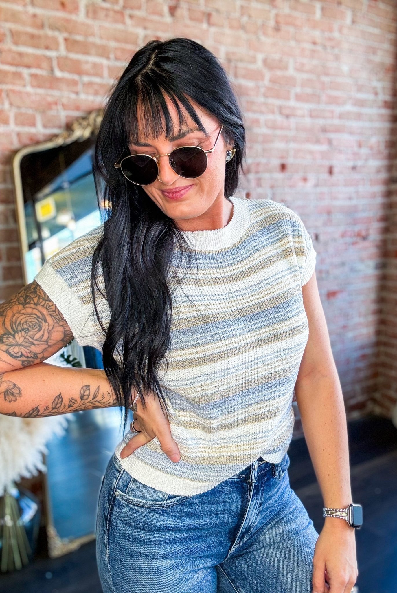 Light Blue Striped Knit Sweater Tee - Southern Chic Tees & Boutique