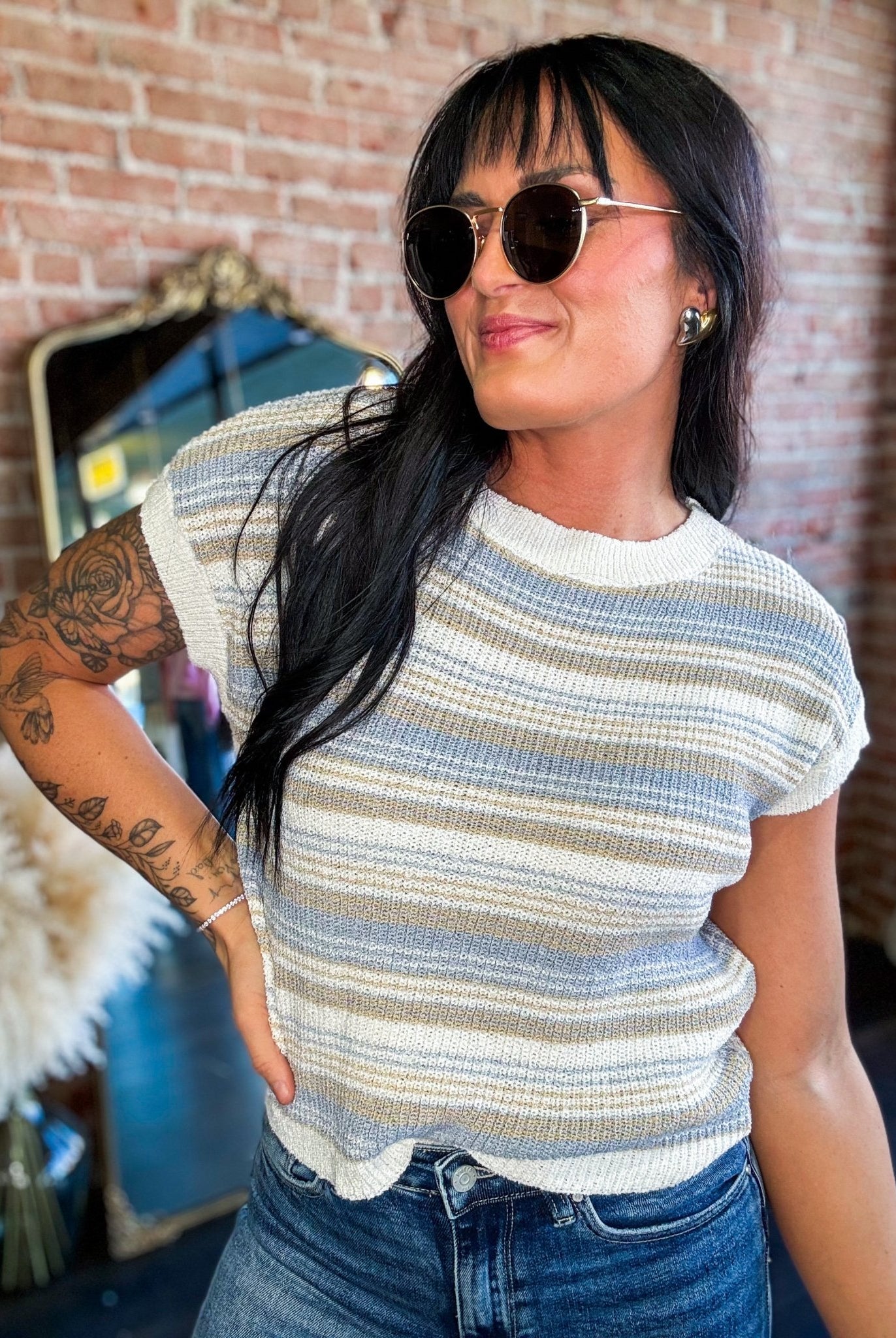 Light Blue Striped Knit Sweater Tee - Southern Chic Tees & Boutique
