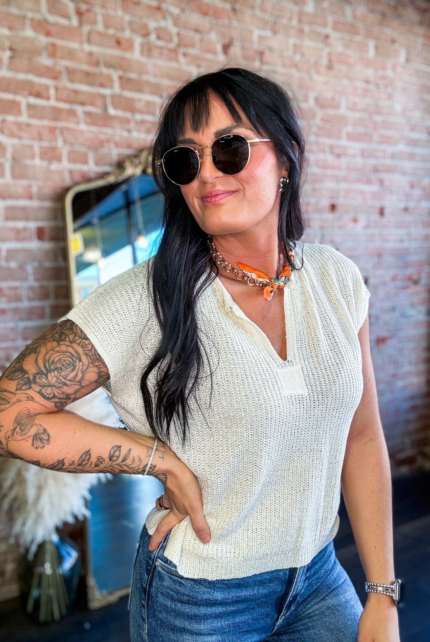 Lightweight Split Neck Sleeveless Sweater | Cream - Southern Chic Tees & Boutique