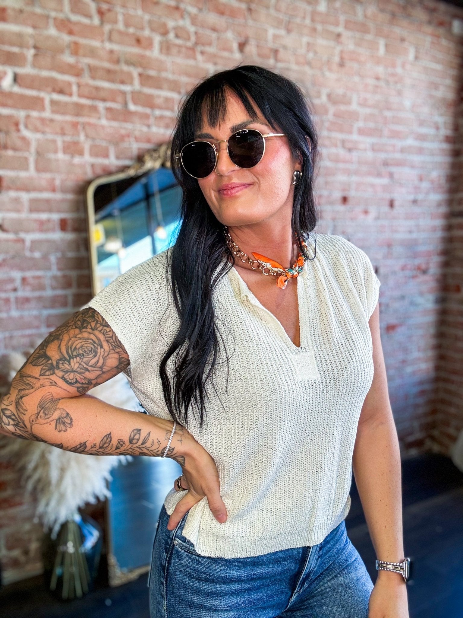 Lightweight Split Neck Sleeveless Sweater | Cream - Southern Chic Tees & Boutique