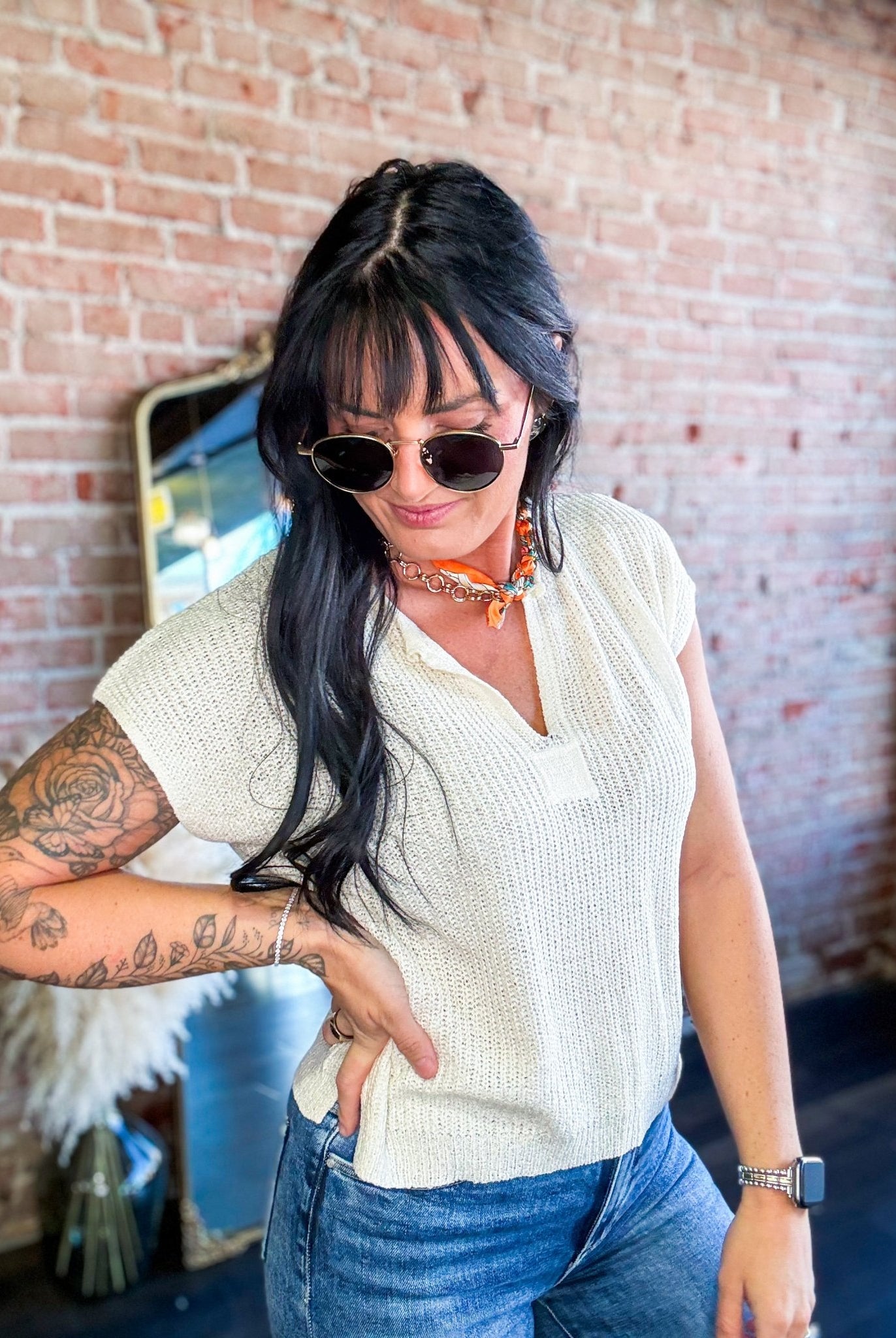 Lightweight Split Neck Sleeveless Sweater | Cream - Southern Chic Tees & Boutique