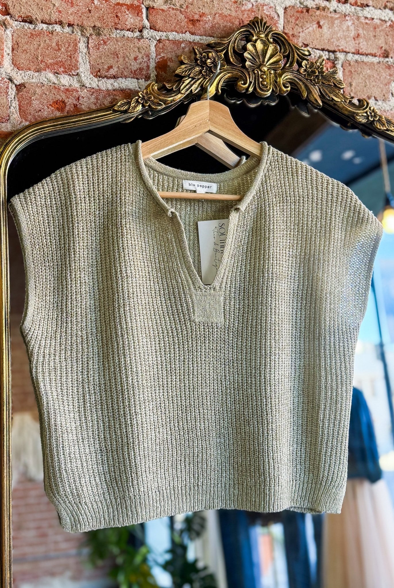 Lightweight Split Neck Sleeveless Sweater | Light Olive - Southern Chic Tees & Boutique