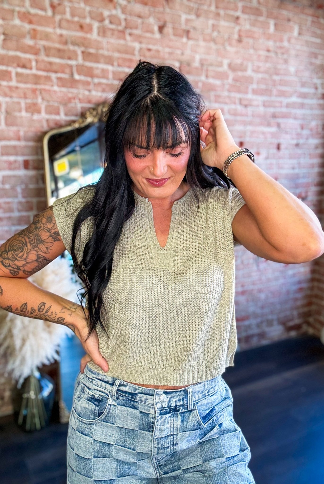 Lightweight Split Neck Sleeveless Sweater | Light Olive - Southern Chic Tees & Boutique