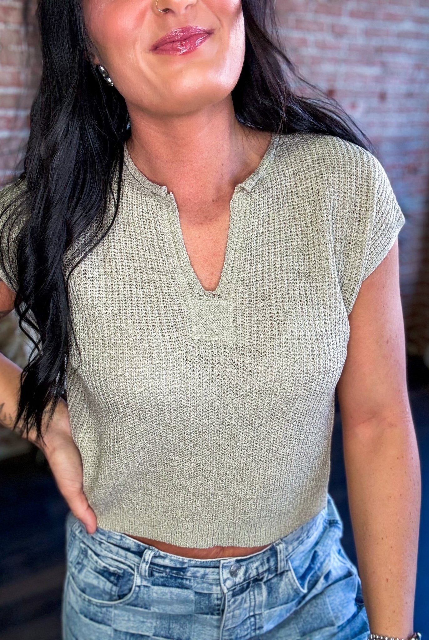 Lightweight Split Neck Sleeveless Sweater | Light Olive - Southern Chic Tees & Boutique