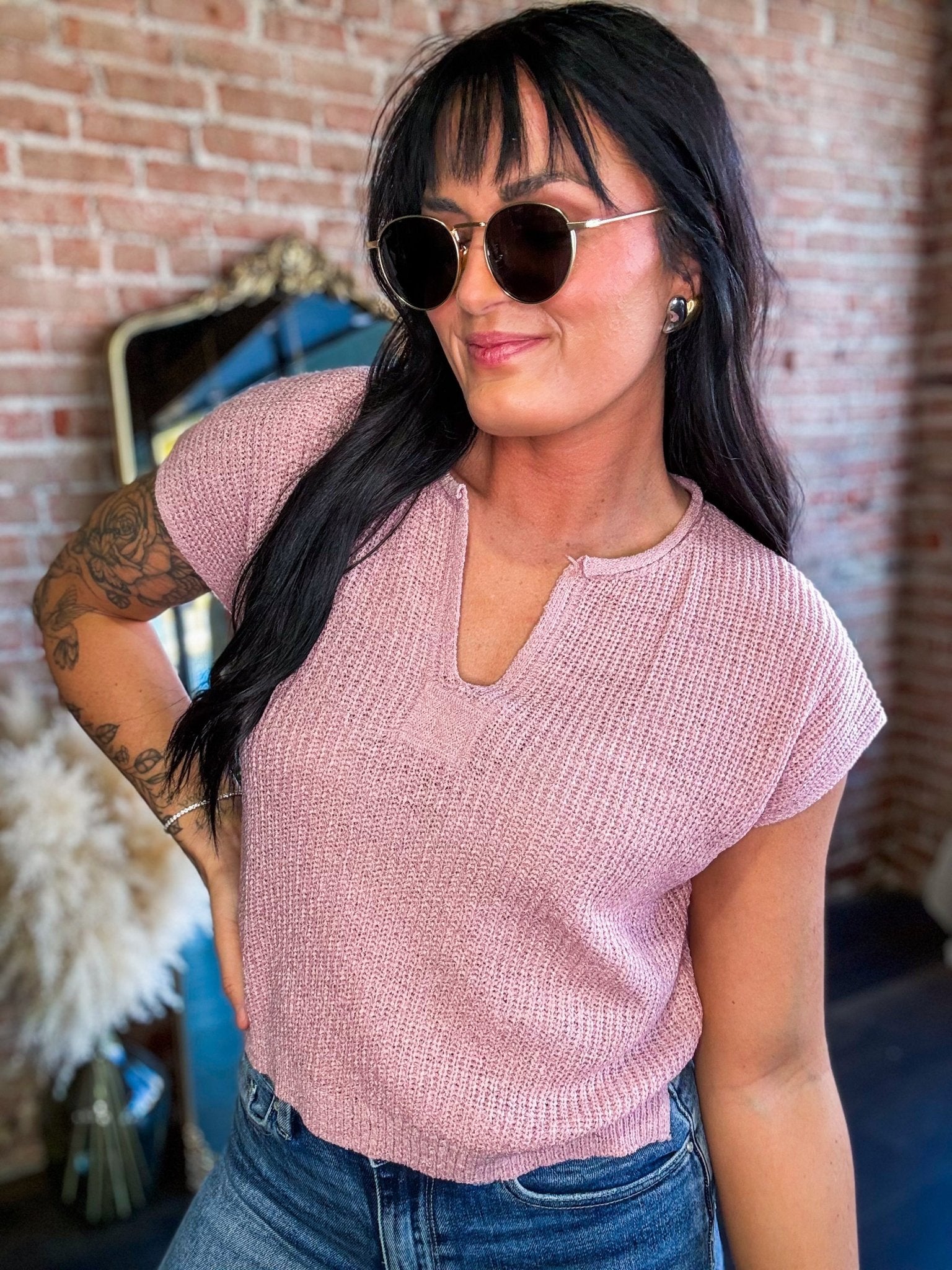 Lightweight Split Neck Sleeveless Sweater | Mauve - Southern Chic Tees & Boutique