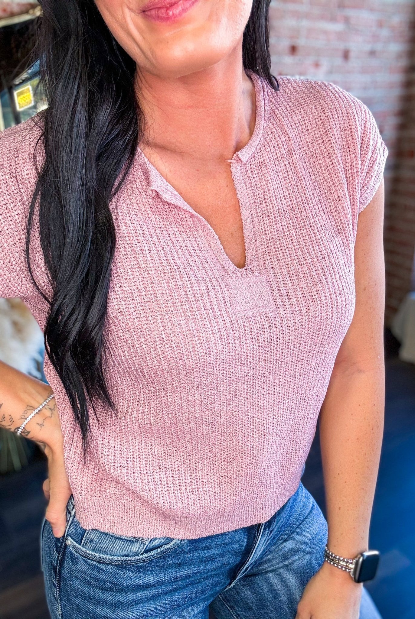 Lightweight Split Neck Sleeveless Sweater | Mauve - Southern Chic Tees & Boutique