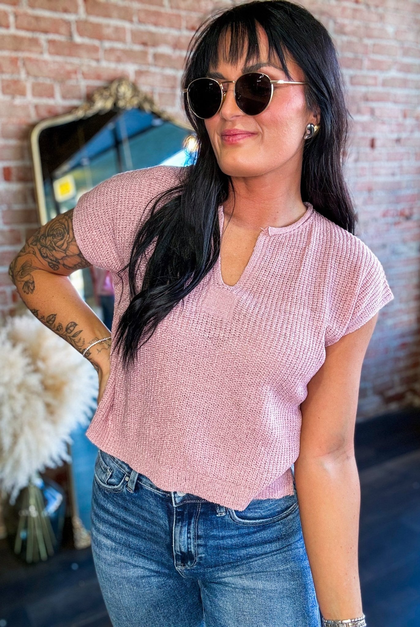 Lightweight Split Neck Sleeveless Sweater | Mauve - Southern Chic Tees & Boutique
