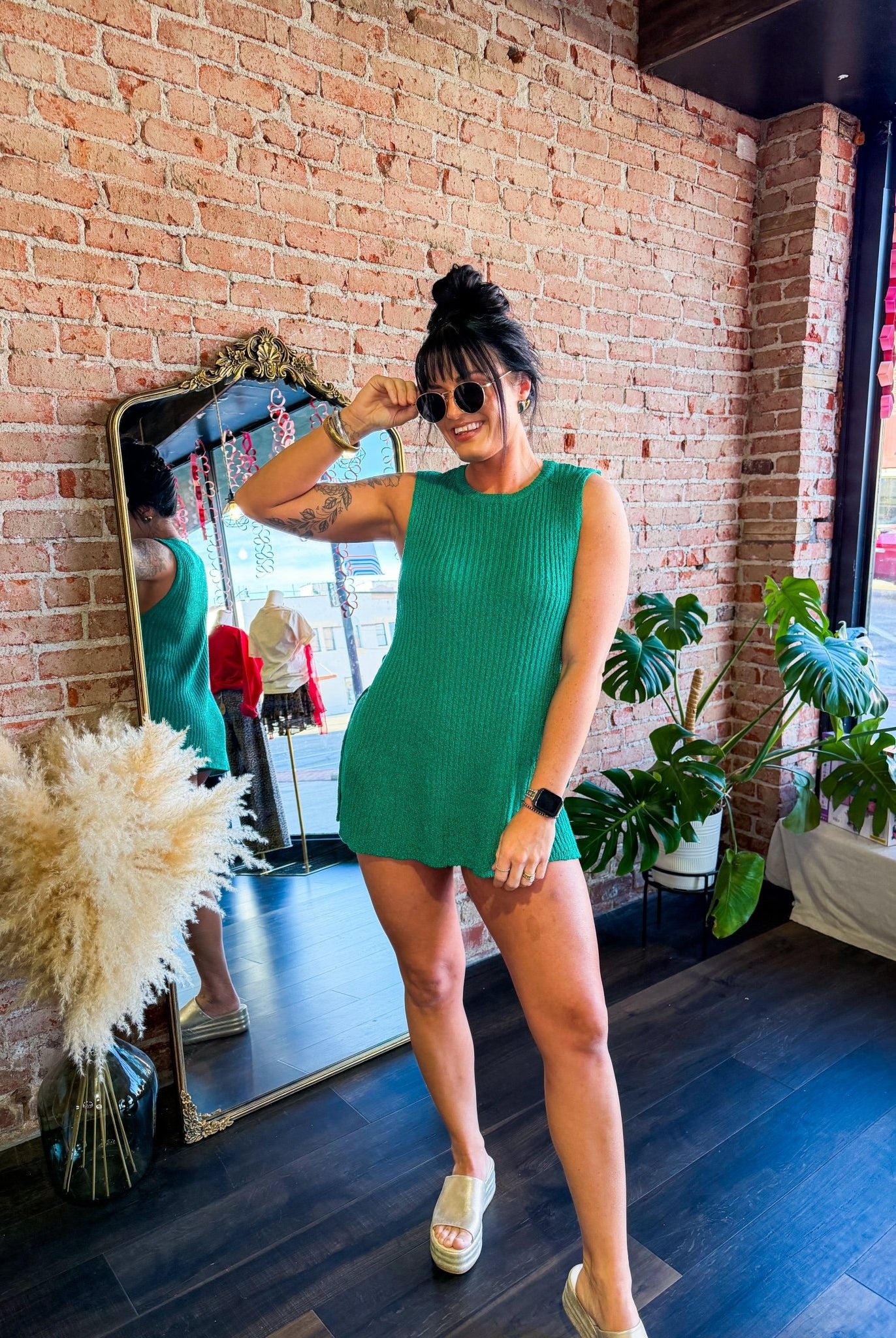 Luxe Emerald Ribbed Knit Two - Piece Lounge Set | Side - Slit Tunic & Shorts - Southern Chic Tees & Boutique