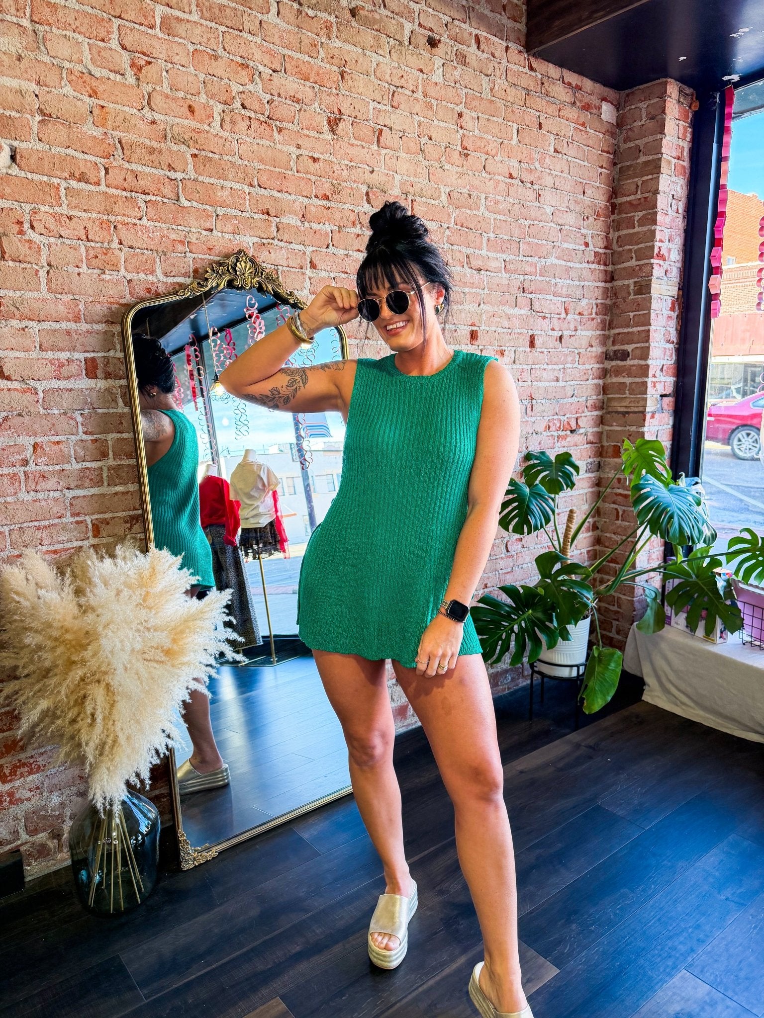 Luxe Emerald Ribbed Knit Two - Piece Lounge Set | Side - Slit Tunic & Shorts - Southern Chic Tees & Boutique