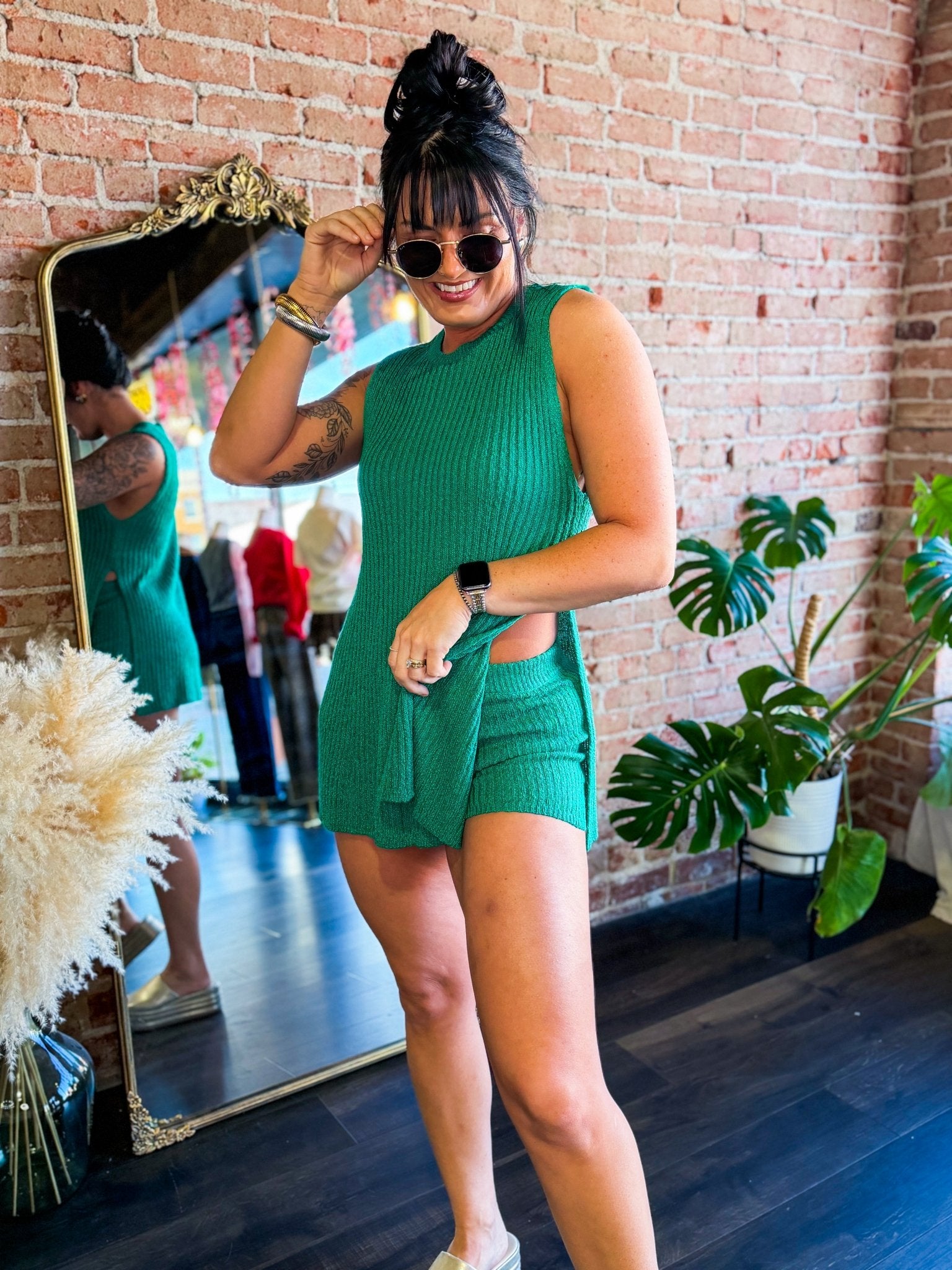 Luxe Emerald Ribbed Knit Two - Piece Lounge Set | Side - Slit Tunic & Shorts - Southern Chic Tees & Boutique