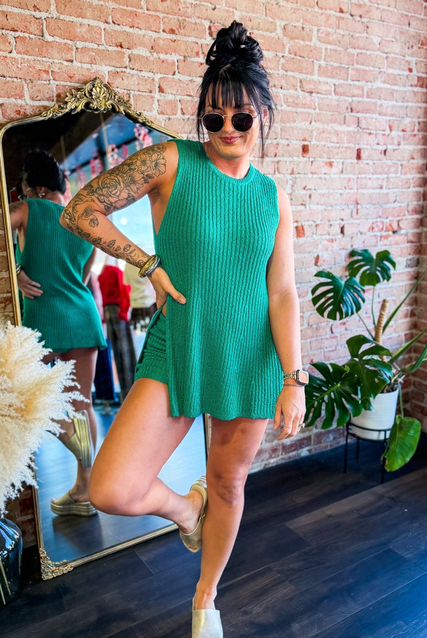 Luxe Emerald Ribbed Knit Two - Piece Lounge Set | Side - Slit Tunic & Shorts - Southern Chic Tees & Boutique