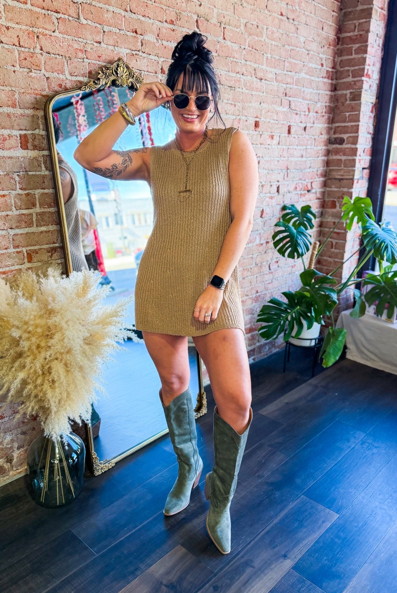 Luxe Ribbed Knit Two - Piece Lounge Set Taupe | Side - Slit Tunic & Shorts - Southern Chic Tees & Boutique