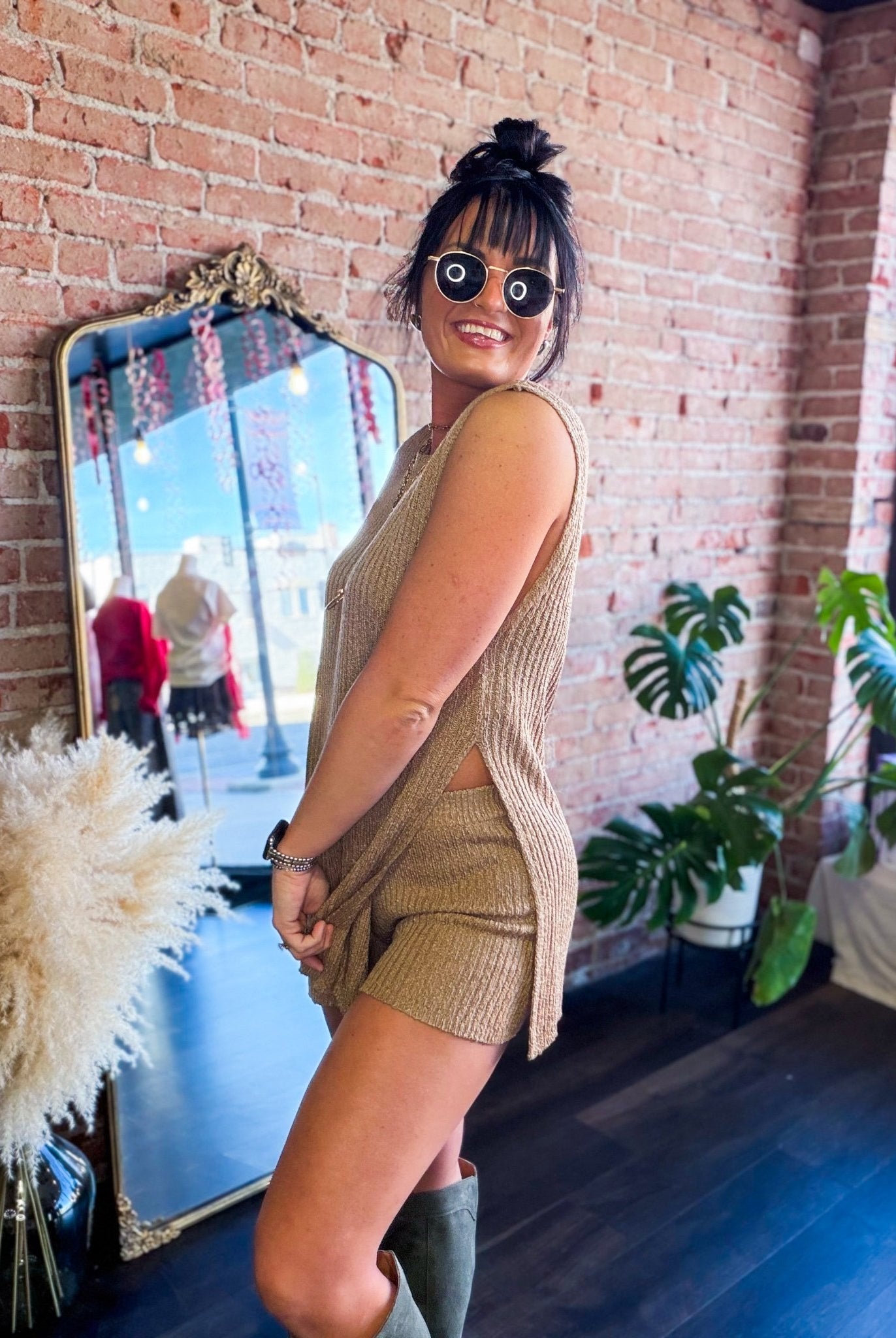 Luxe Ribbed Knit Two - Piece Lounge Set Taupe | Side - Slit Tunic & Shorts - Southern Chic Tees & Boutique