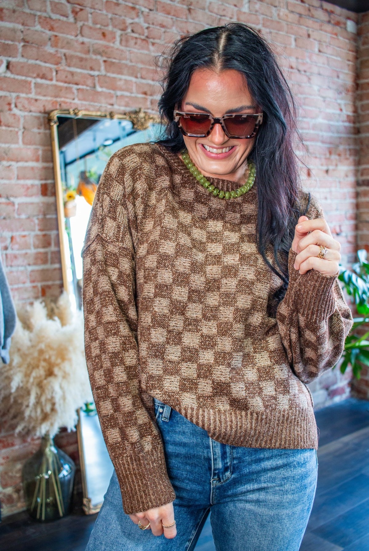 Mocha Checkmate Knit Crewneck Sweater - Southern Chic Tees & Boutique