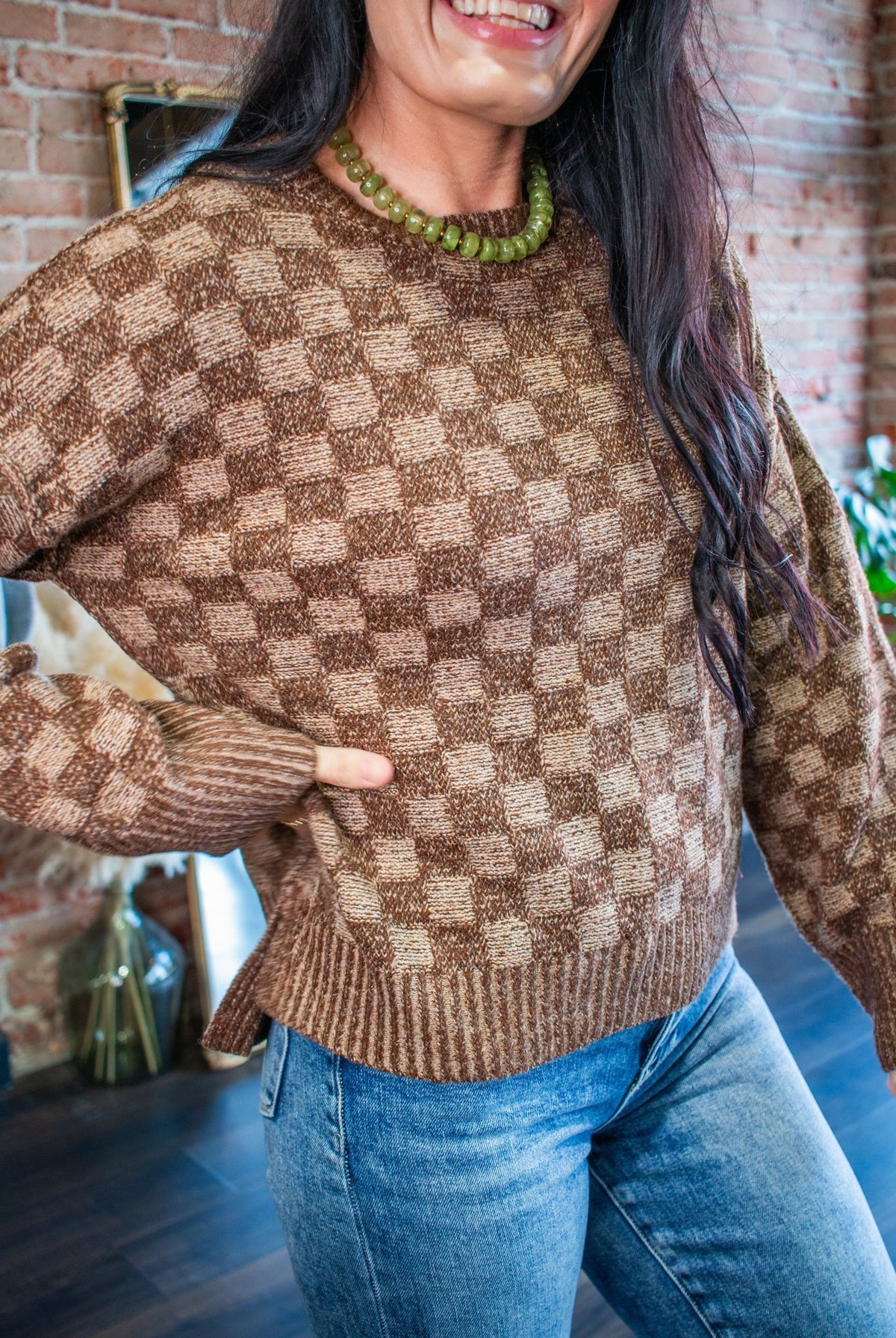 Mocha Checkmate Knit Crewneck Sweater - Southern Chic Tees & Boutique