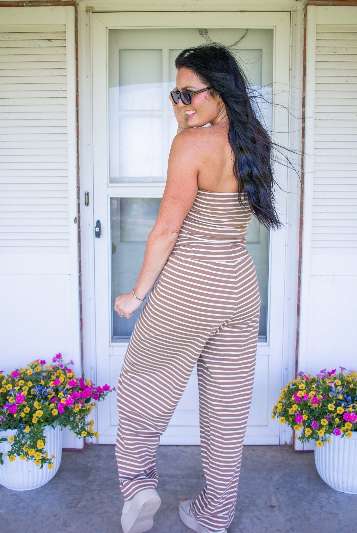 Mocha Striped Slim Tube Top & Wide Leg Pants Set - Southern Chic Tees & Boutique