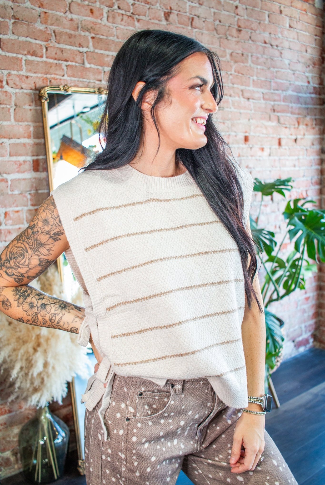 Oatmeal Striped Side Tie Knit Vest - Southern Chic Tees & Boutique