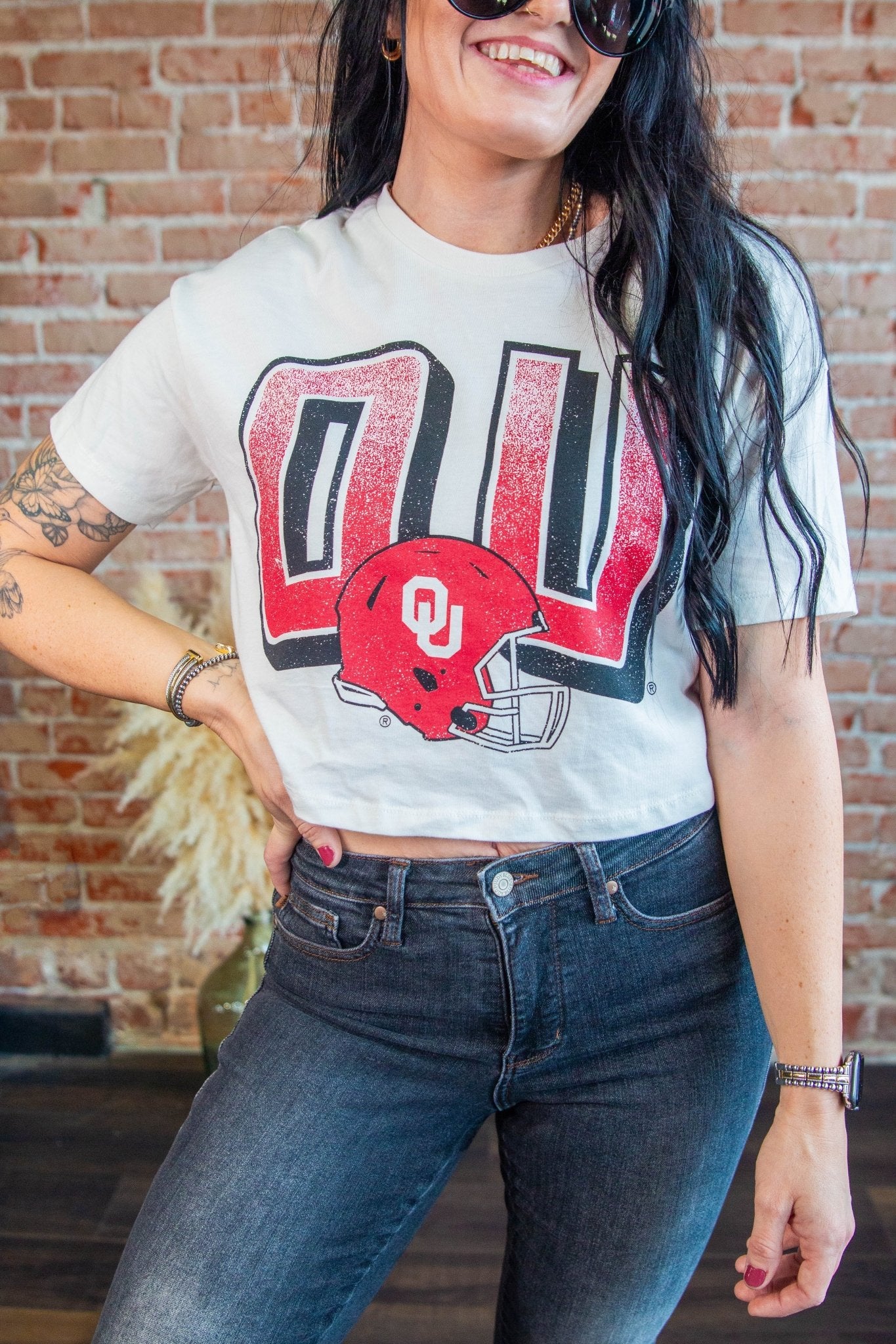 OU Cowboys Helmet Fade Off White Cropped Tee - Southern Chic Tees & Boutique