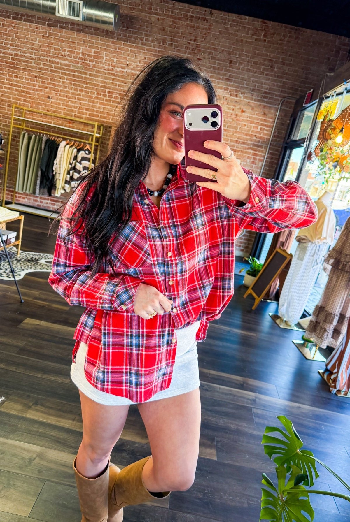 Red "Better Than His" Oversized Plaid Flannel Shirt - Southern Chic Tees & Boutique