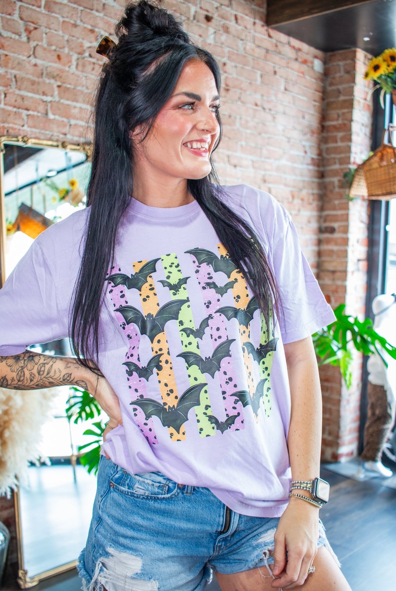 Retro Bat Flight Graphic Tee – Spooky Lilac Edition - Southern Chic Tees & Boutique