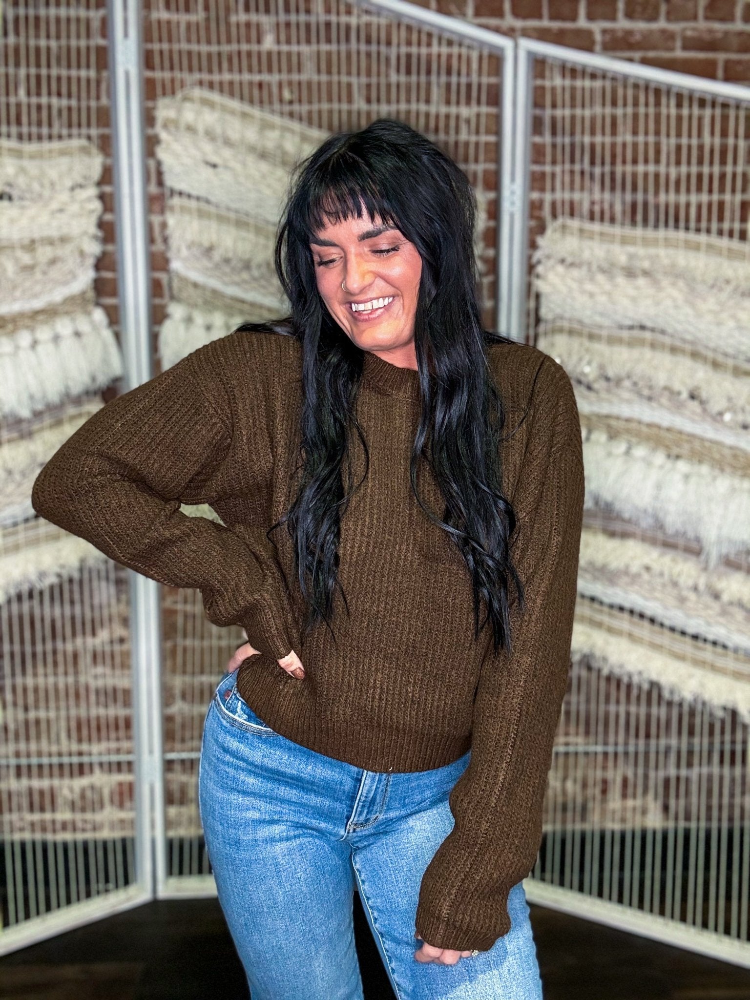 Ribbed Crew Neck Sweater | Chocolate Brown - Southern Chic Tees & Boutique