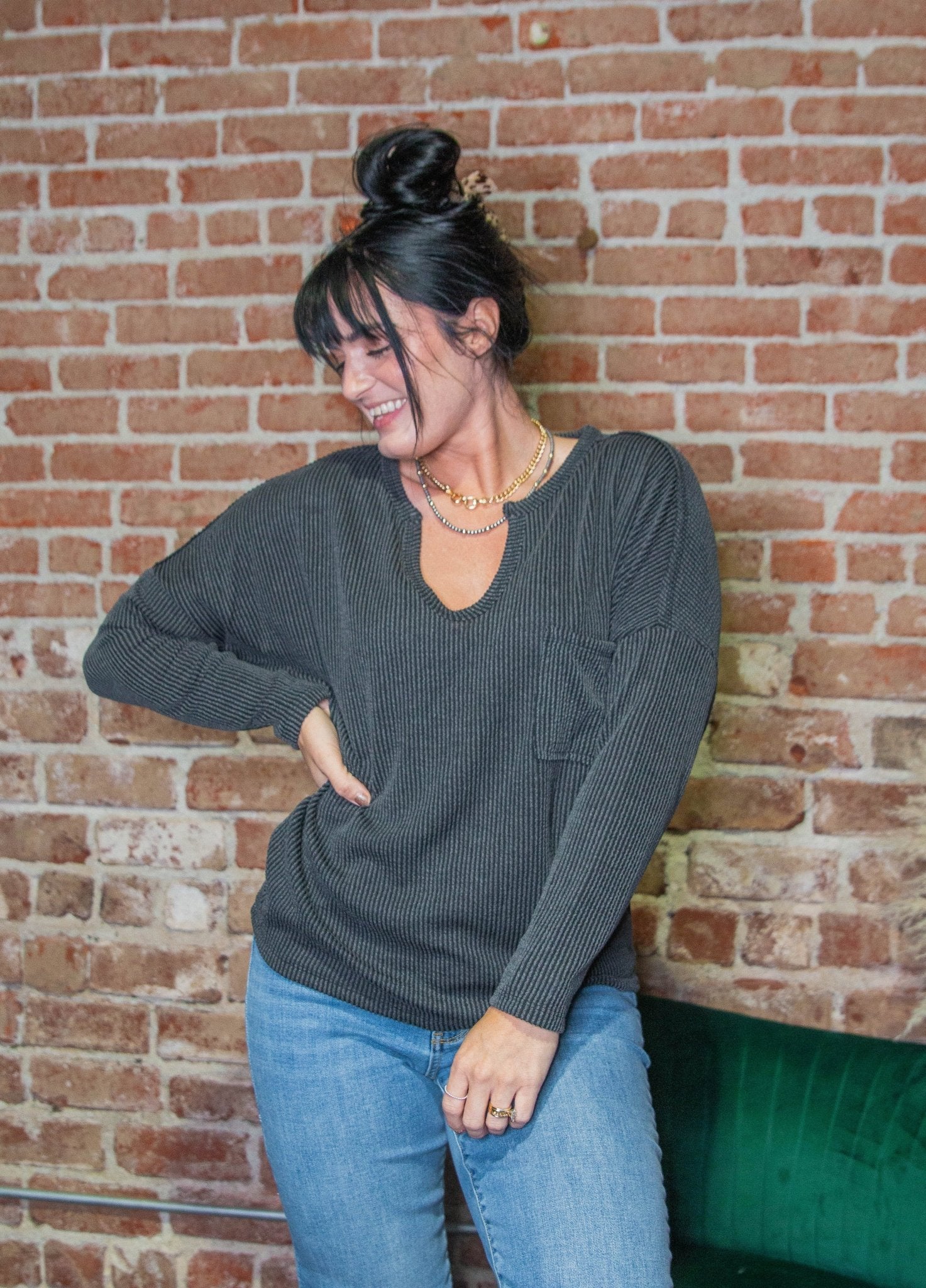 Ribbed Pocket Long Sleeve | Black Charcoal - Southern Chic Tees & Boutique