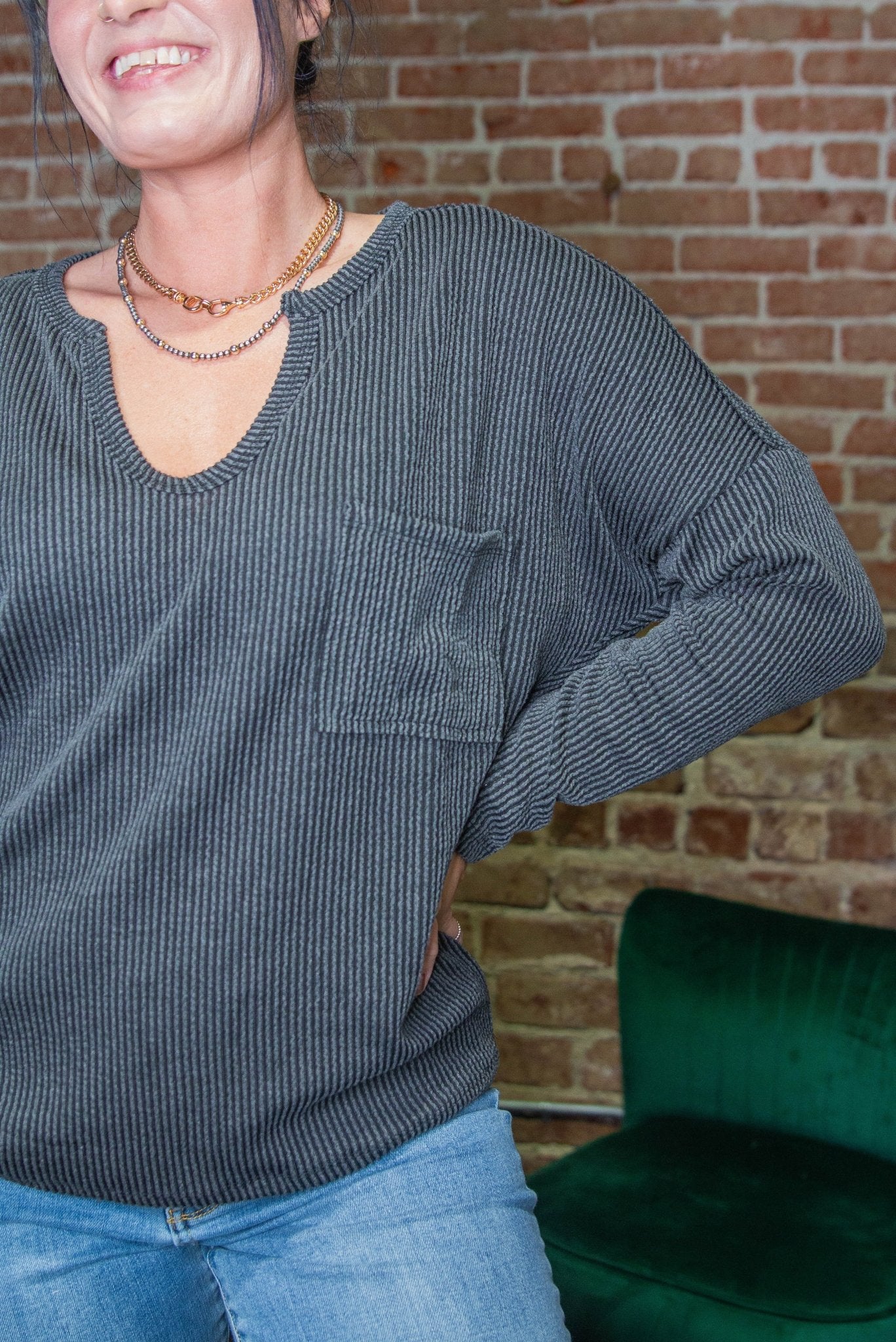 Ribbed Pocket Long Sleeve | Black Charcoal - Southern Chic Tees & Boutique