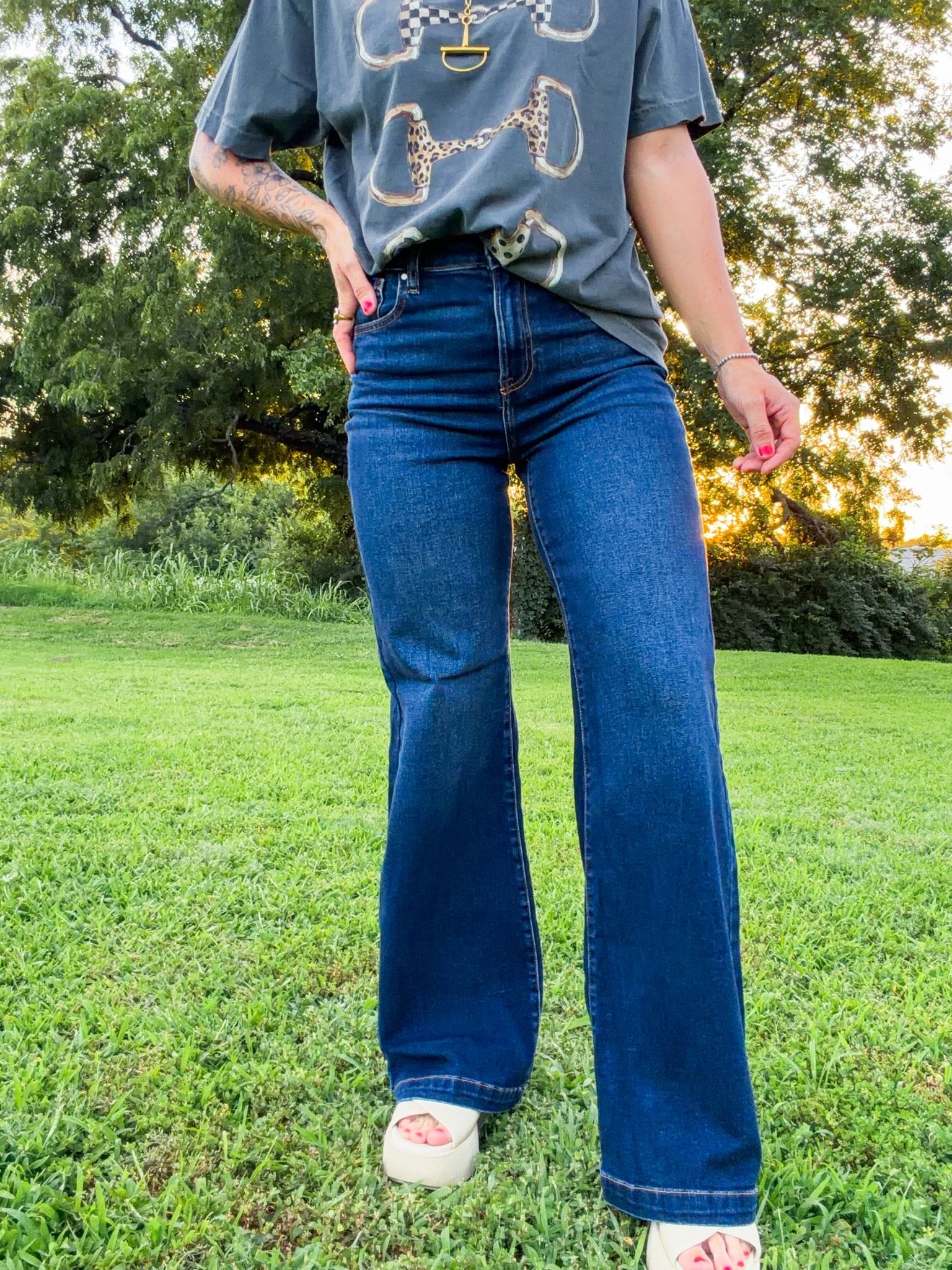 Risen Sky-High Dark Wash Wide Leg Trouser Jeans - Southern Chic Tees & Boutique